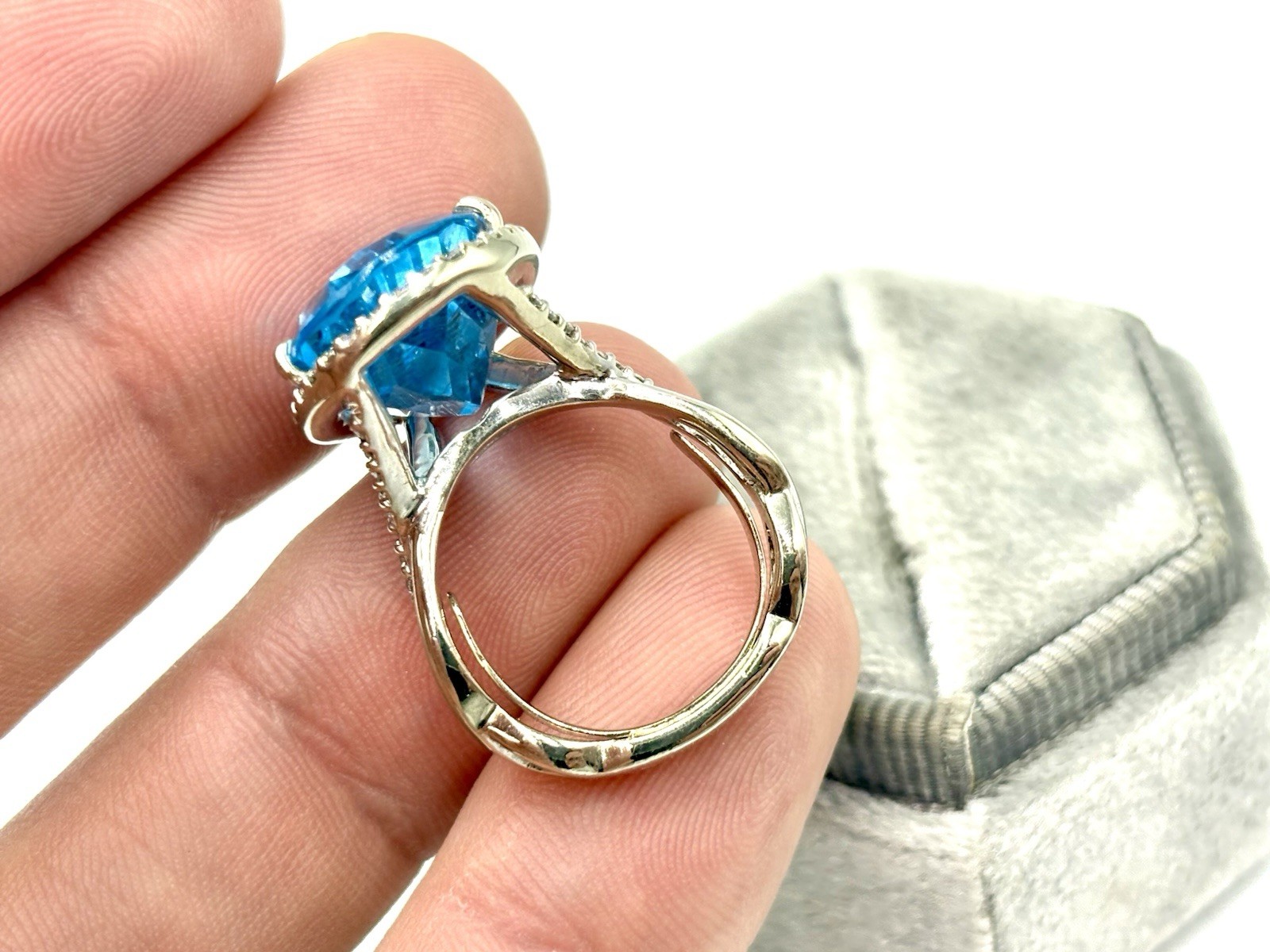 14K White Gold Pear Shape Blue Topaz Diamond Halo Ring