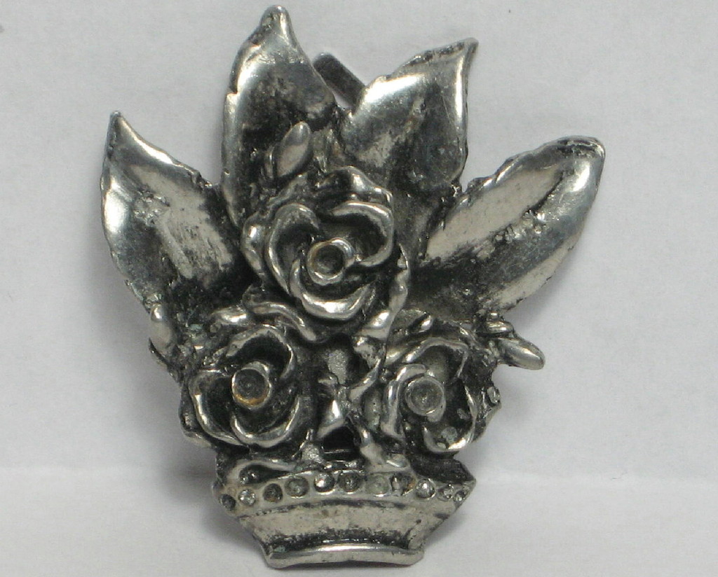 VINTAGE SILVER or PEWTER DRESS CLIP BROOCH FLOWERS IN VASE PLANTER