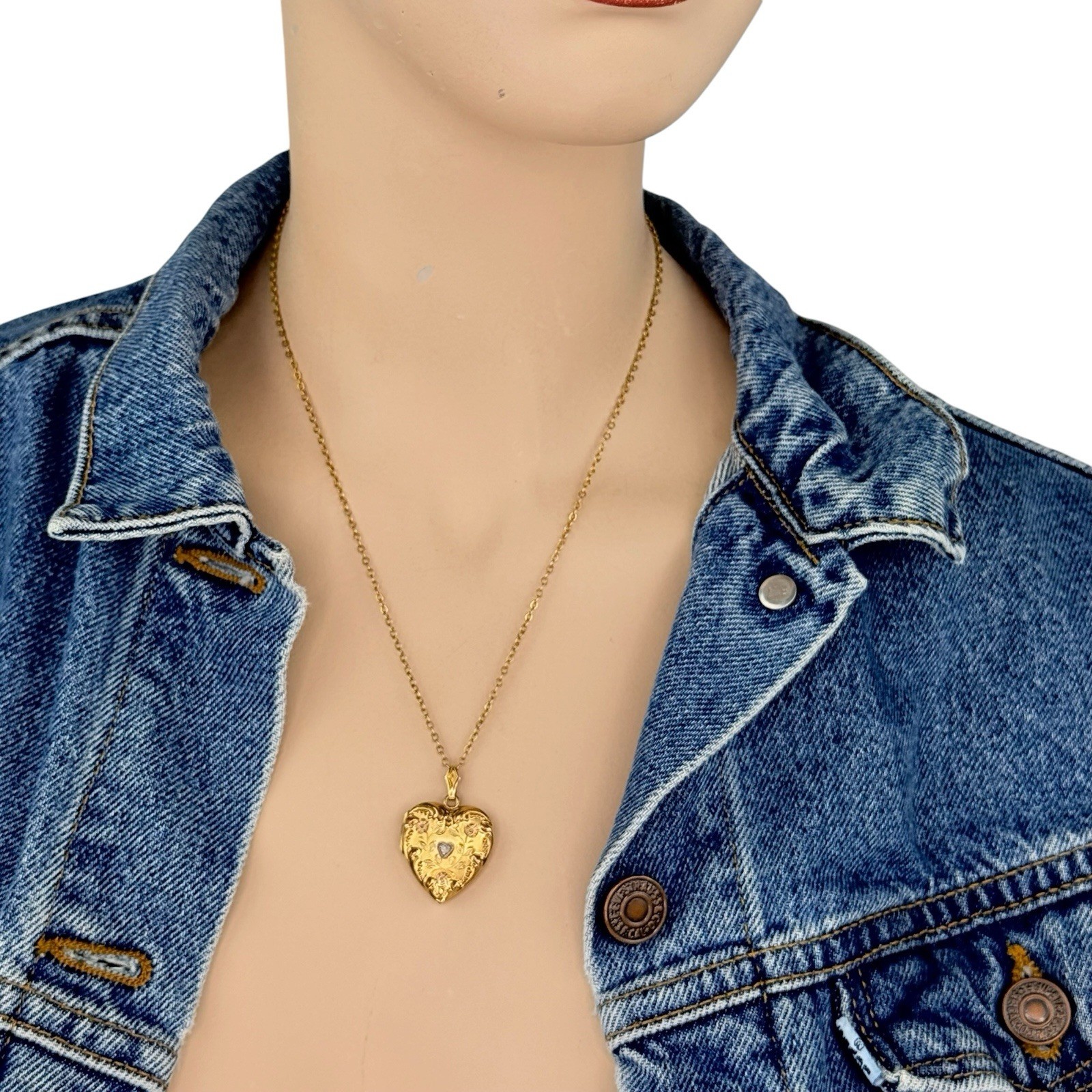 Antique Victorian Art Deco Gold Filled Diamond Heart Locket Pendant Necklace