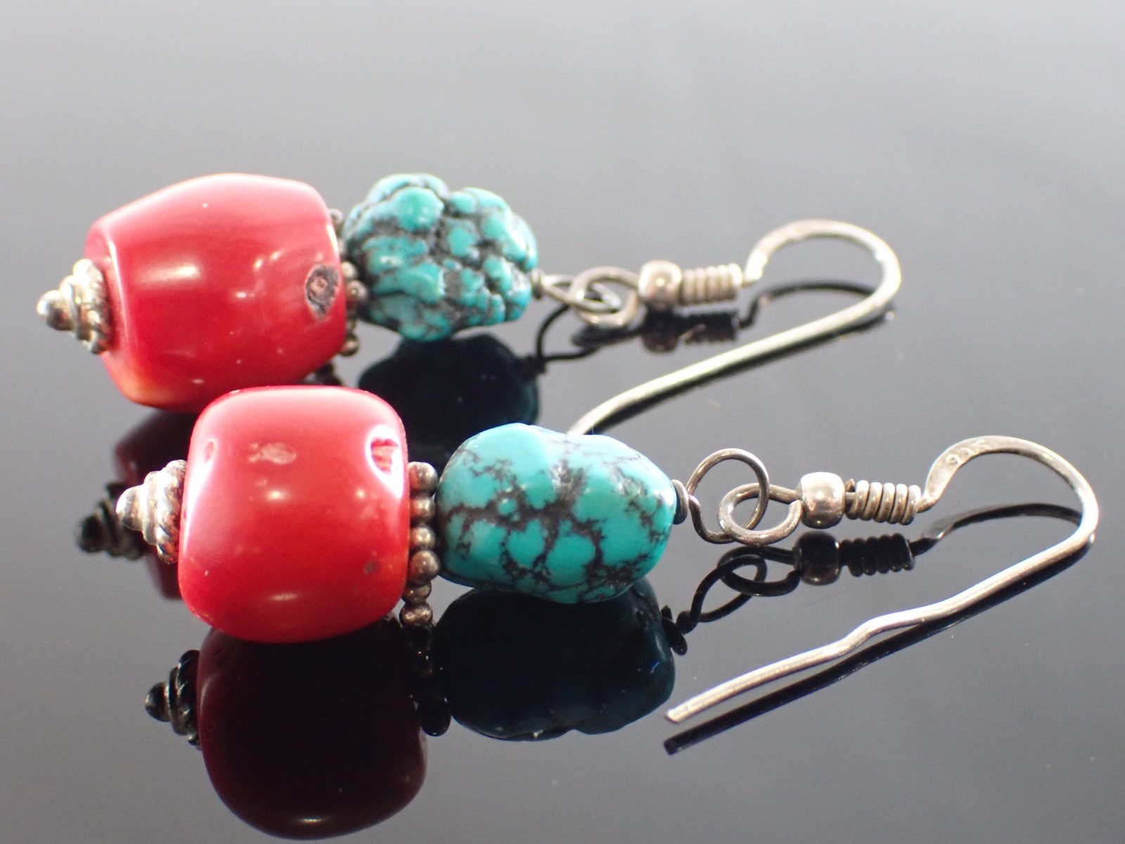 Vintage Sterling Drop Earrings Red Bead & Turquoise Matrix Stones Artisan