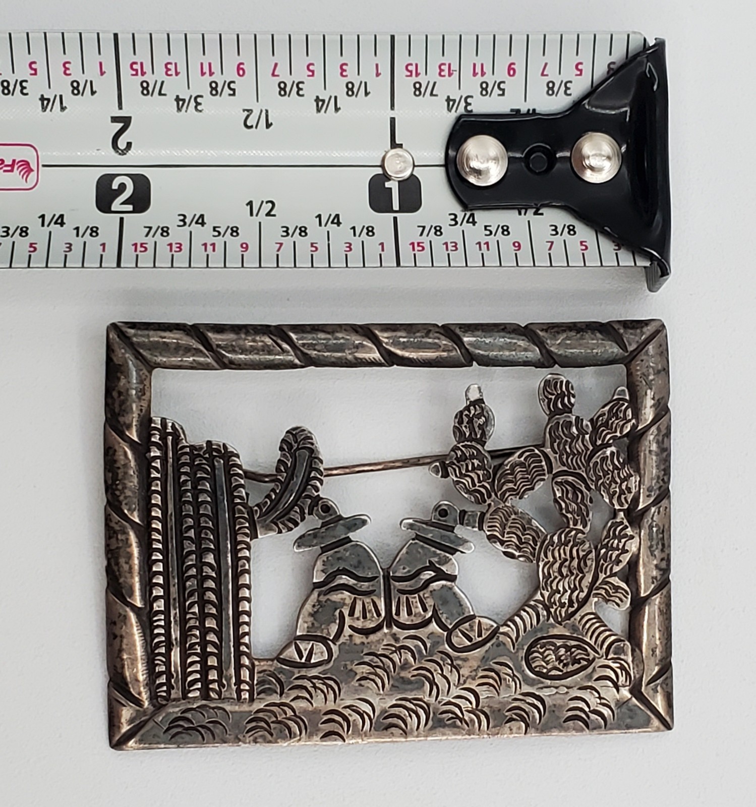 Mexican 980 Silver Brooch 2in Siesta Men Cactus Scene Handmade 17.1g Fine VTG