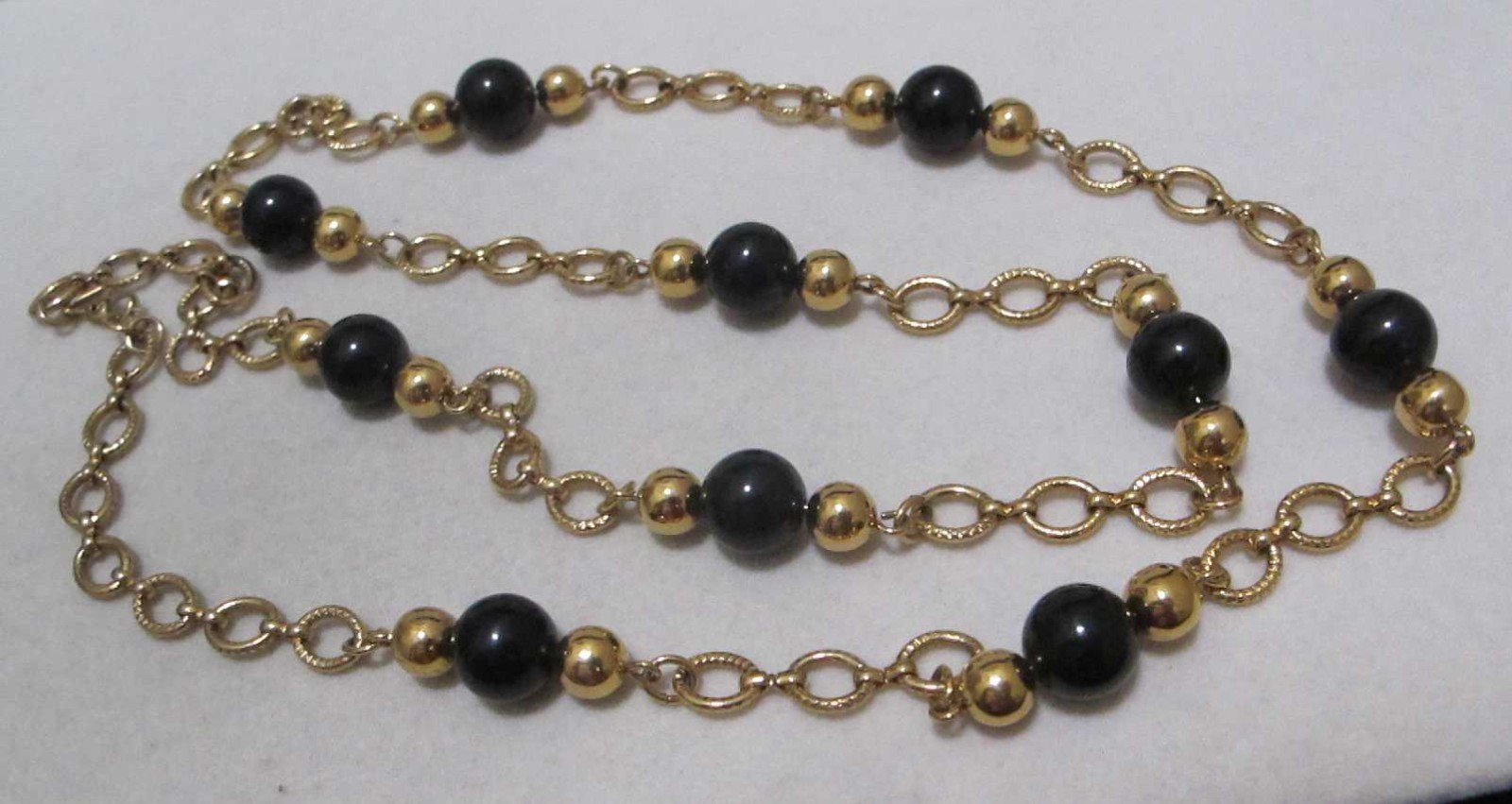 Vintage MONET Gold Tone Oval Links Black Bead Sister Clasp 34” Station Necklace