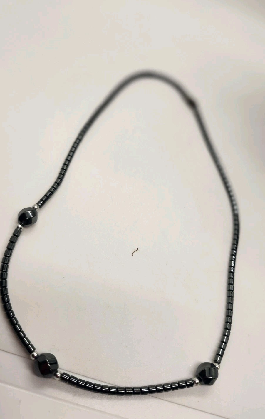 Genuine Hematite Beaded Necklace Gunmetal Metallic Grey Stone Hexagon Accents