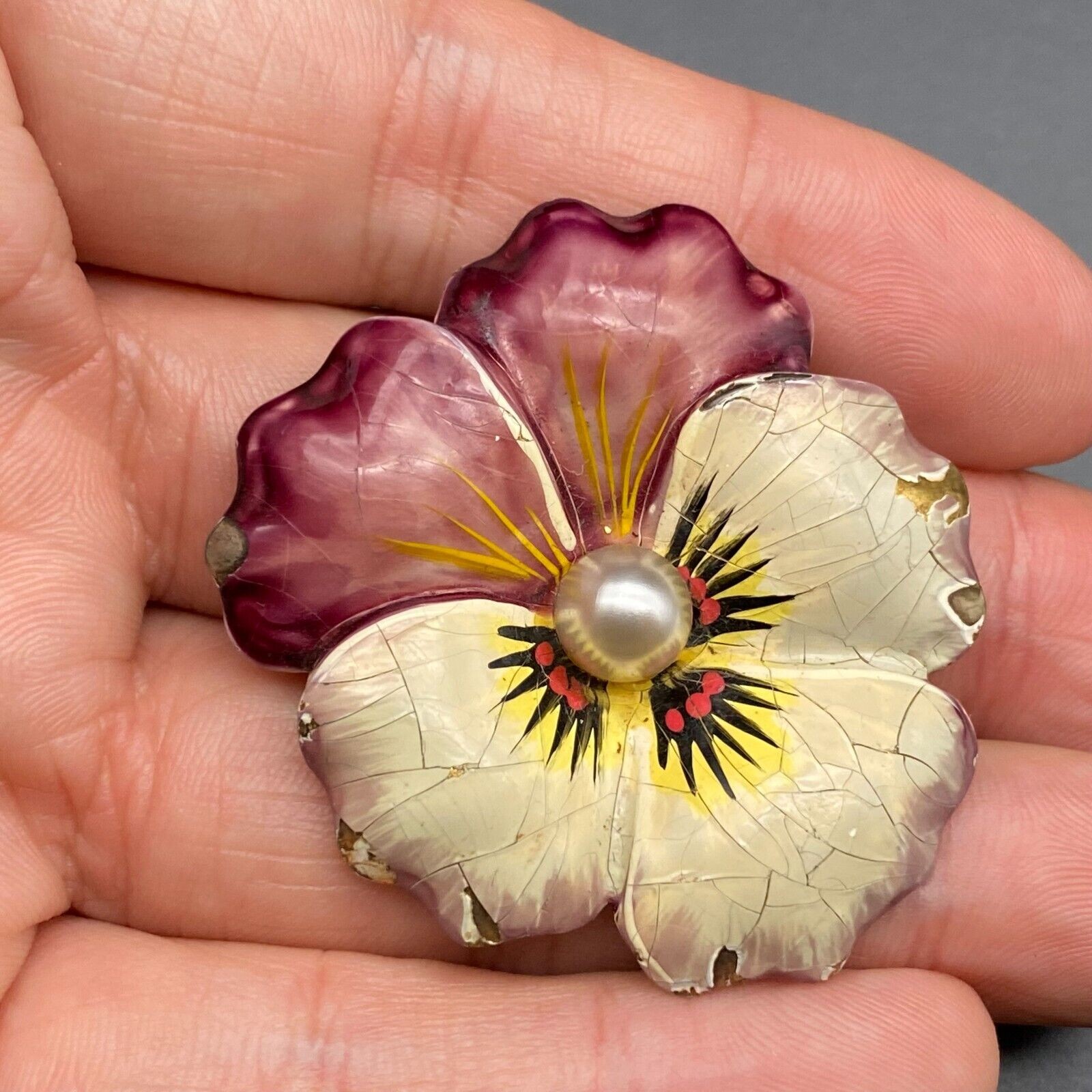 Vintage Enamel Pansy Flower Sterling Silver Pin Brooch