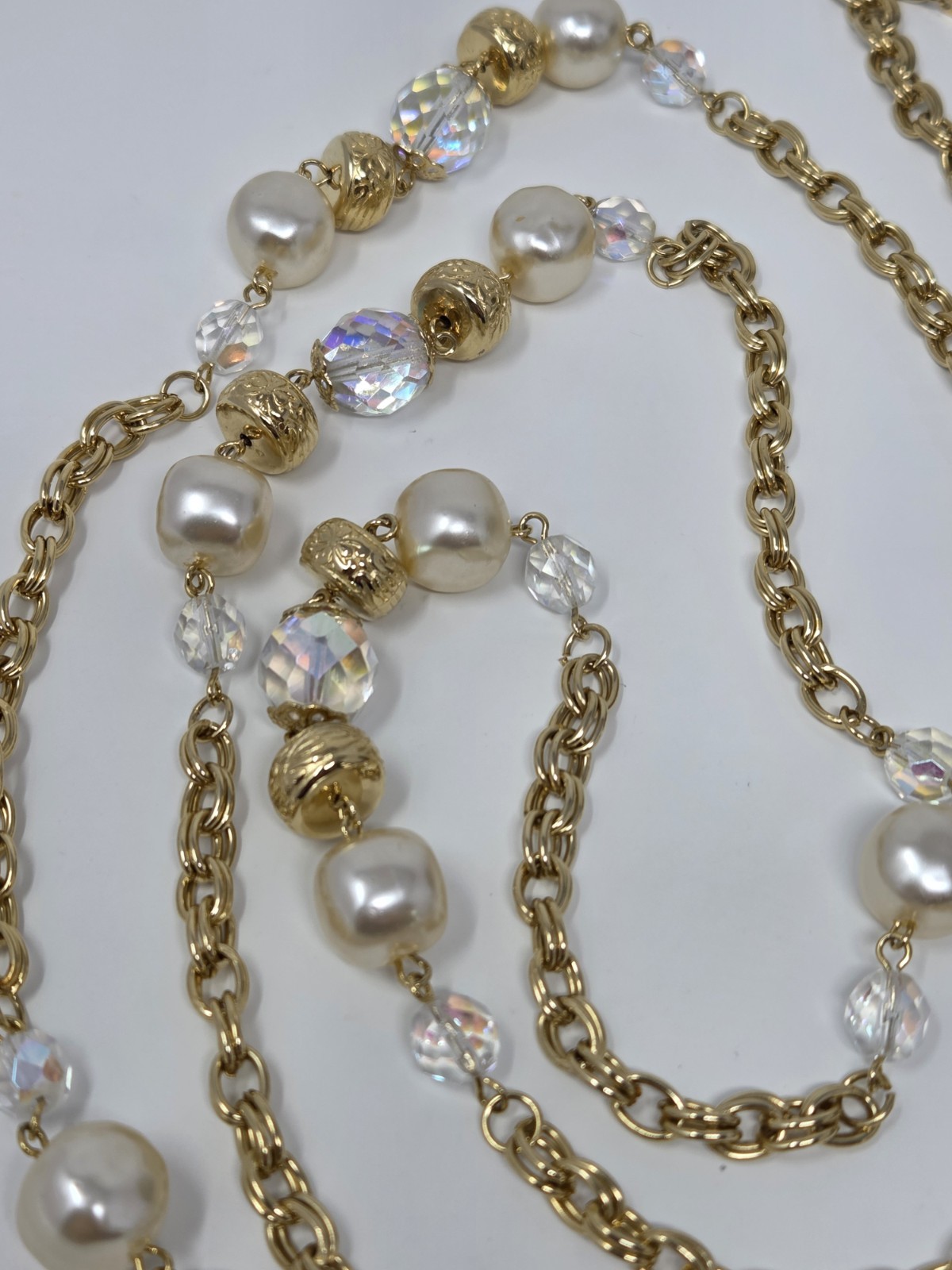 Gold Tone AB Crystal & Faux Pearl Chain Necklace 60 Inches Long Vintage
