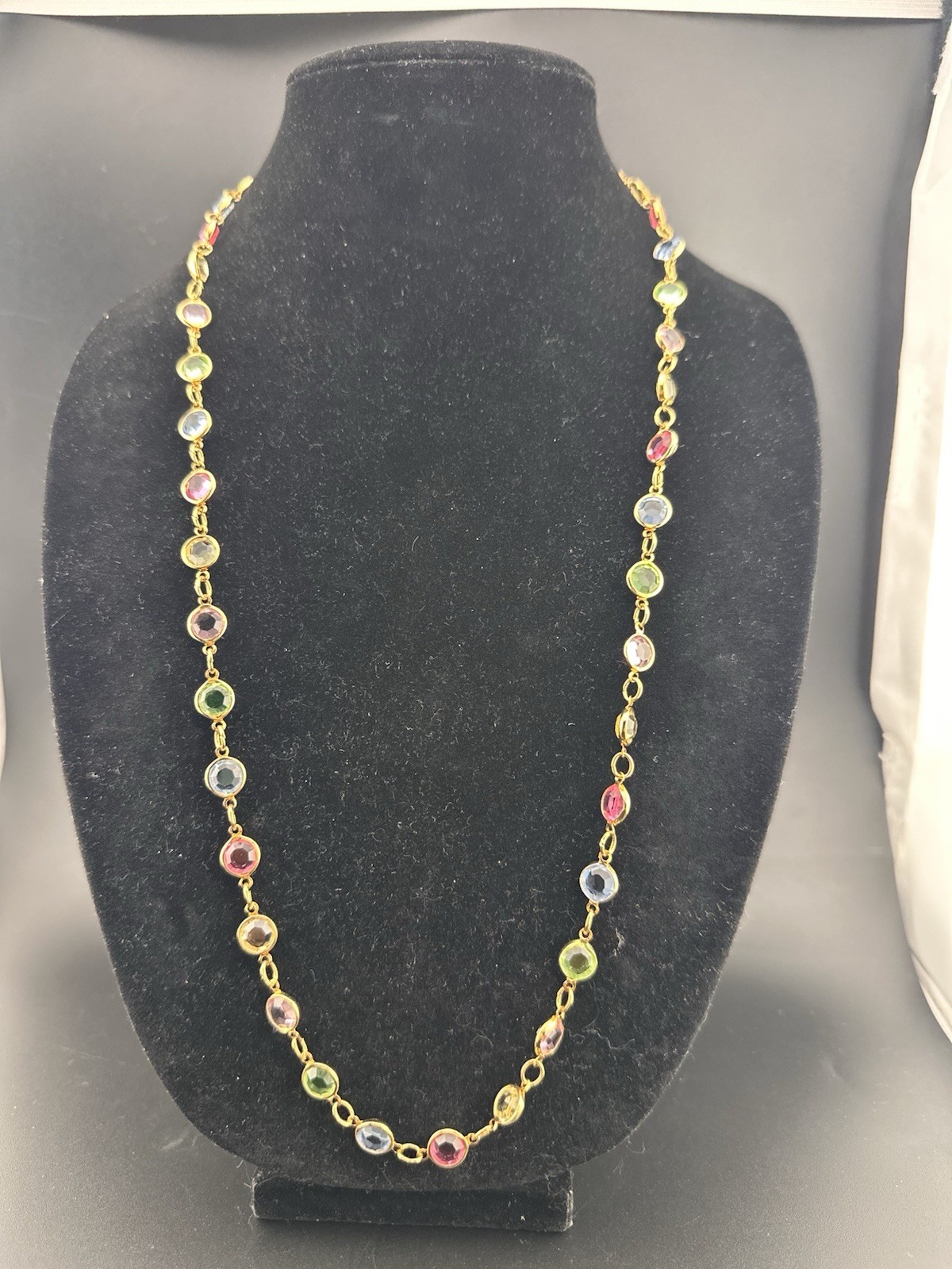 Rafaelian Vintage Long Necklace Open Bezel Austrian Crystal USA Multi-Color 30”