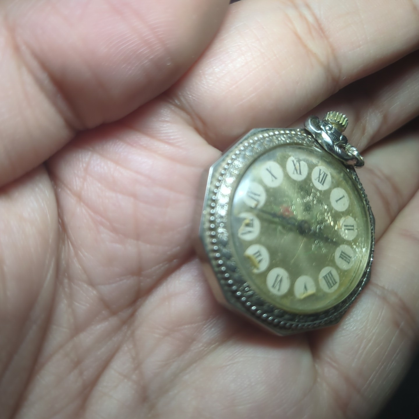 Vintage Saxony Ladies Silver Pendant Watch Manual Wind No Chain For Repair