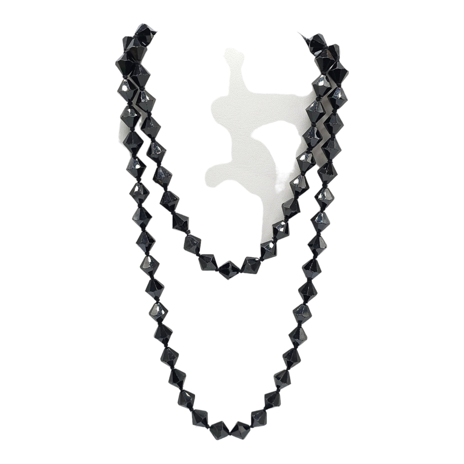 Black Bicone Crystal Cut Beaded Long Hand Knotted No Clasp Necklace Vintage