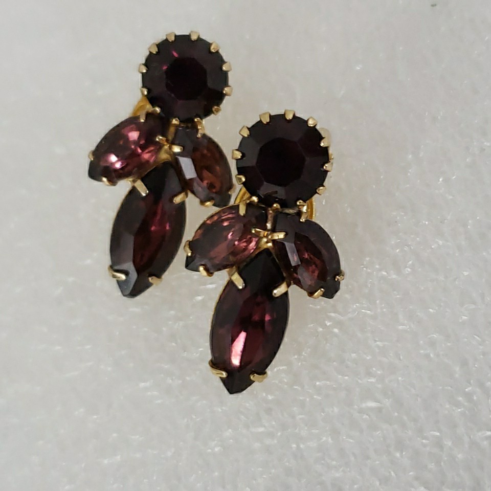 Vintage Purple Cluster Navette Prong Earrings Clip On Gold Tone