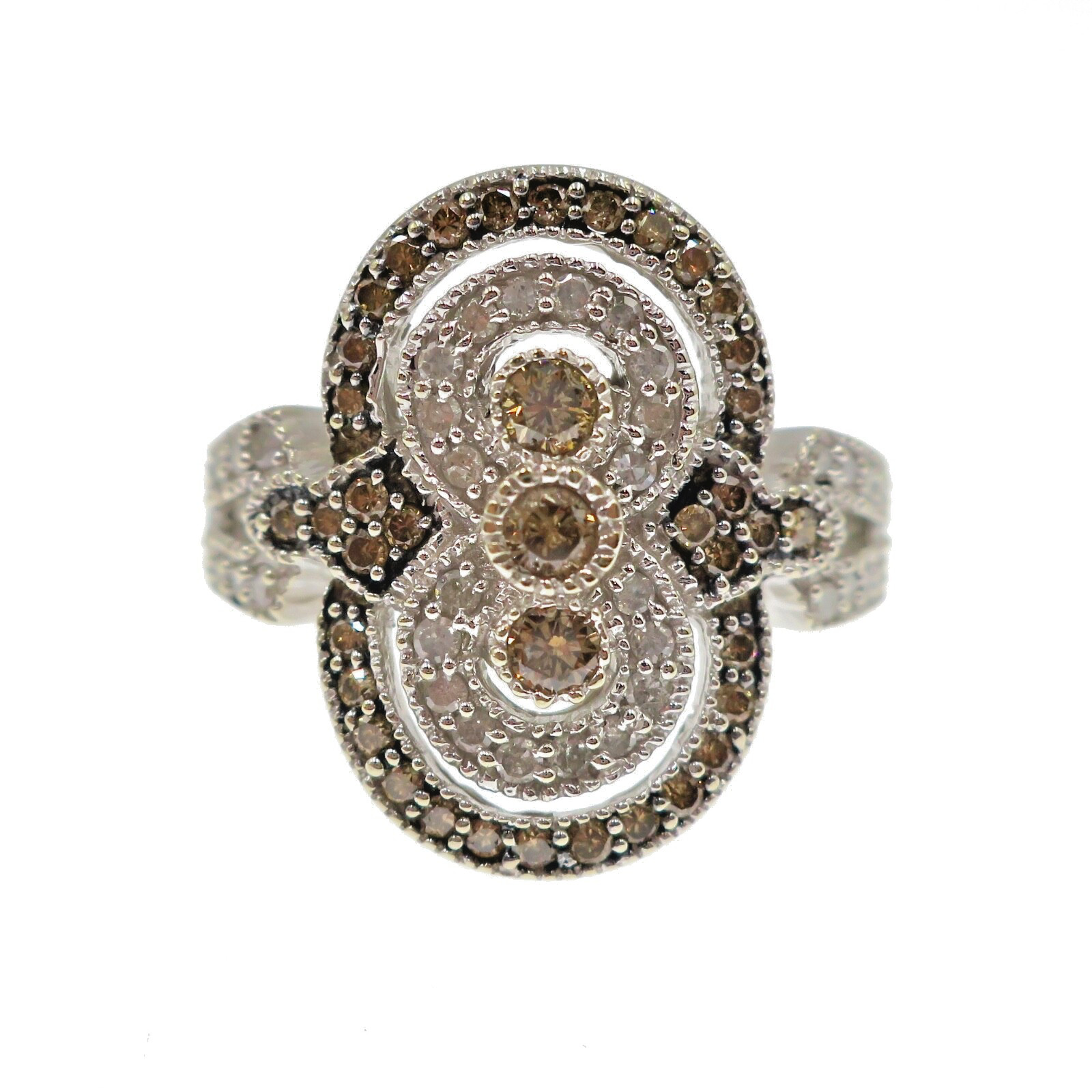 10k Solid White Gold Natural Champagne and White Diamond Cocktail Ring Size 7