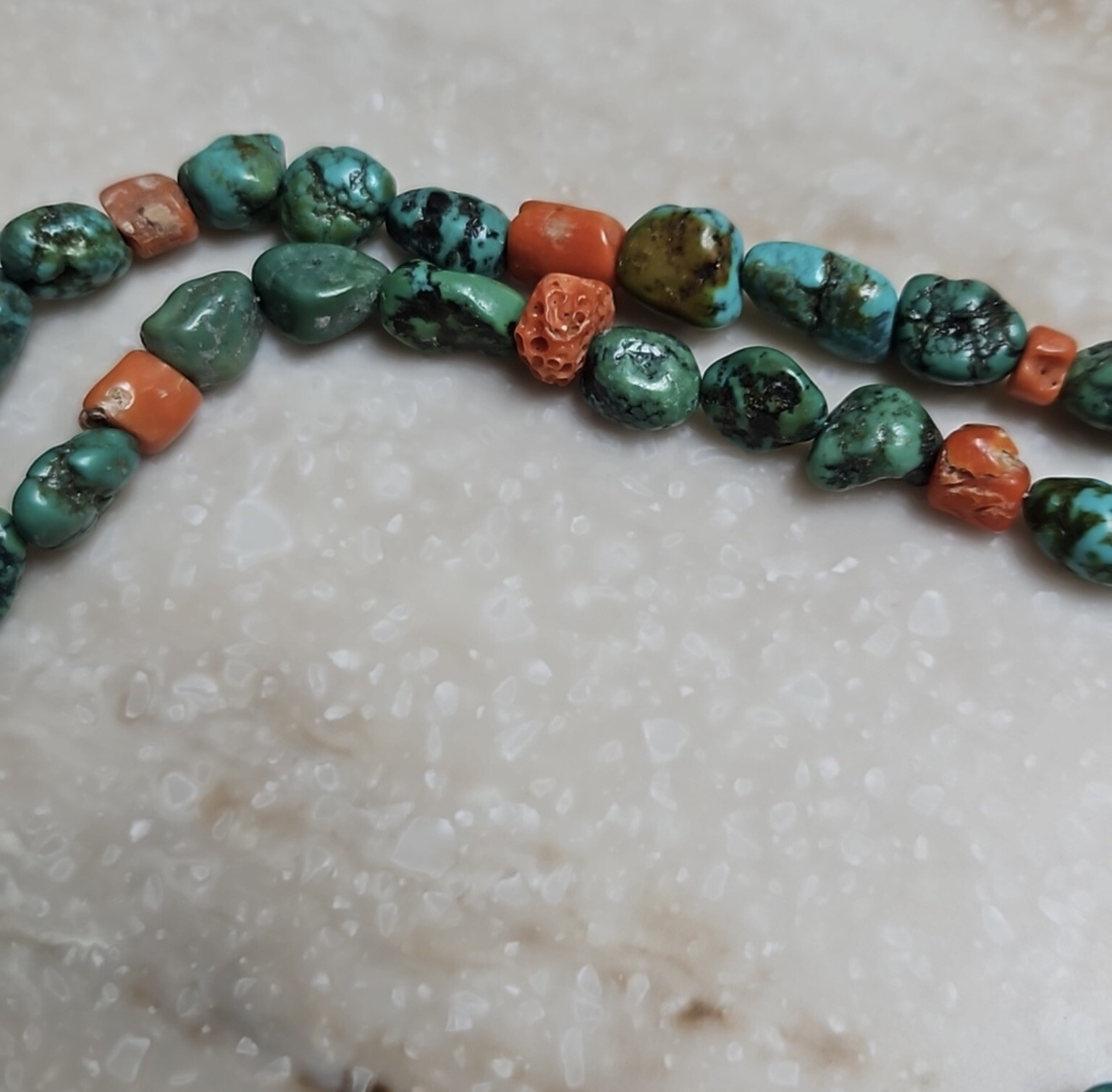 Vintage Turquoise Necklace w/ Coral Beads & 925 Silver Clasp 22 Inches