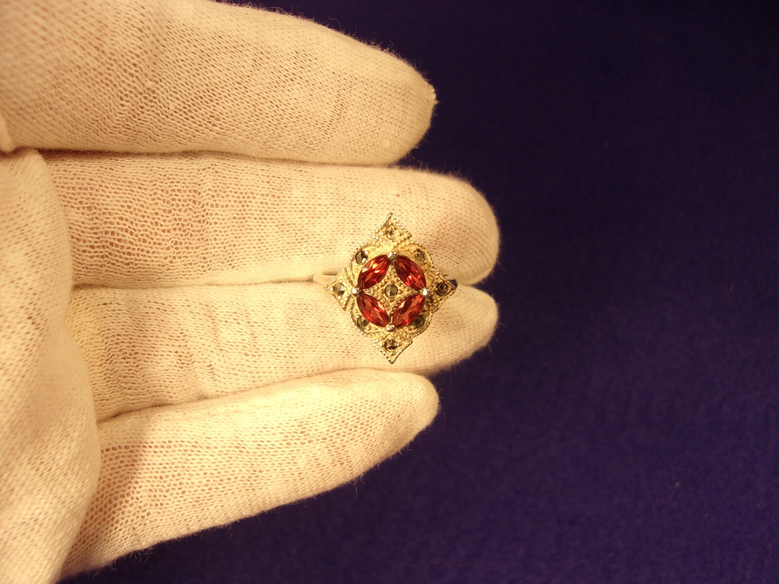 #3 of 6, SUPERB OLDER VTG LADY’S STERLING SLVER, ORANGE GARNET & MARCASITE RING