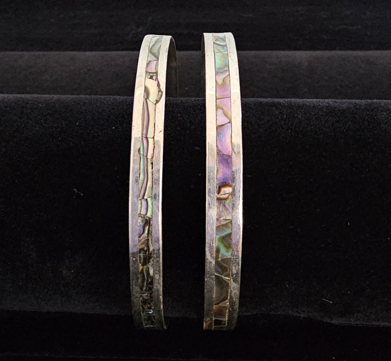 Set 2 Vtg Mexico Alpaca Silver Abalone Shell Inlay Bangle Bracelets 8.25″ Signed