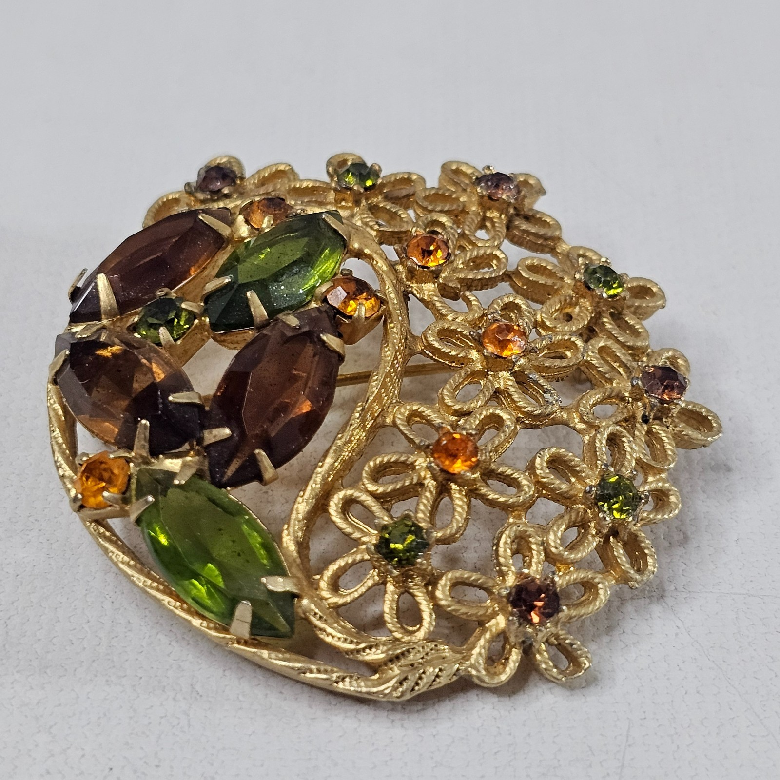 Gold Tone Floral Brooch Fall Colors Open Work Navette Rhinestone Unmarked Pin