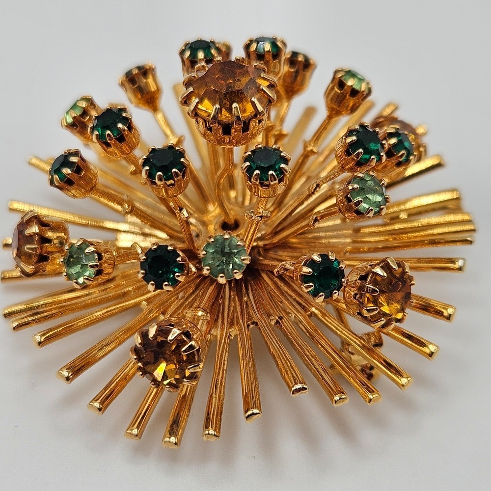 VINTAGE 3D Gold Tone Rhinestone Atomic Starburst Brooch Pin Convertible Pendant