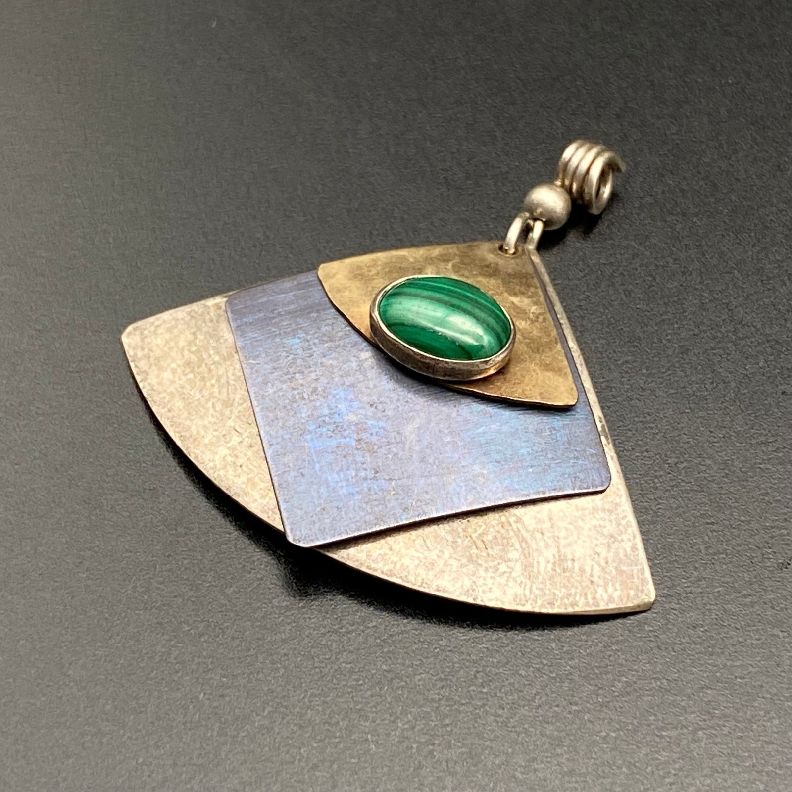 Vintage Modernist Malachite Sterling Silver Mixed Metal Dangle Pendant