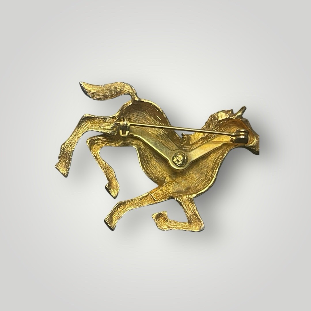 Vintage JJ Jonette Running Horse Brooch Gold Tone Rhinestone Mane Tail Pin