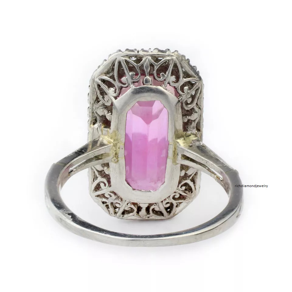 Long Emerald Cut Transparent Pink Topaz With Halo White CZ Modern Vintage Ring