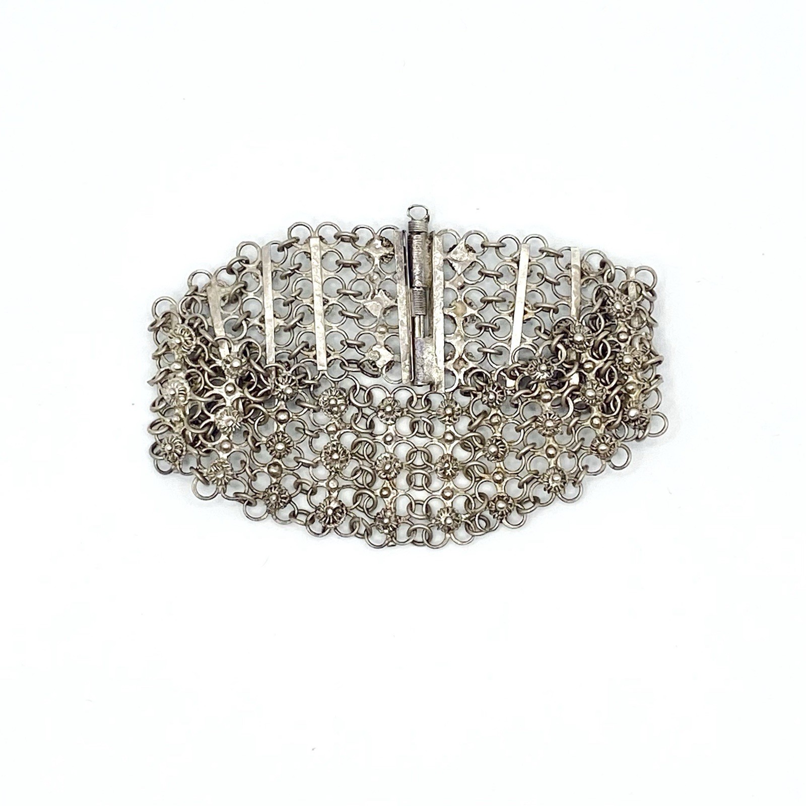 Vintage Sterling Silver Cannetille Filigree Link Bracelet Mesh Etruscan Revival
