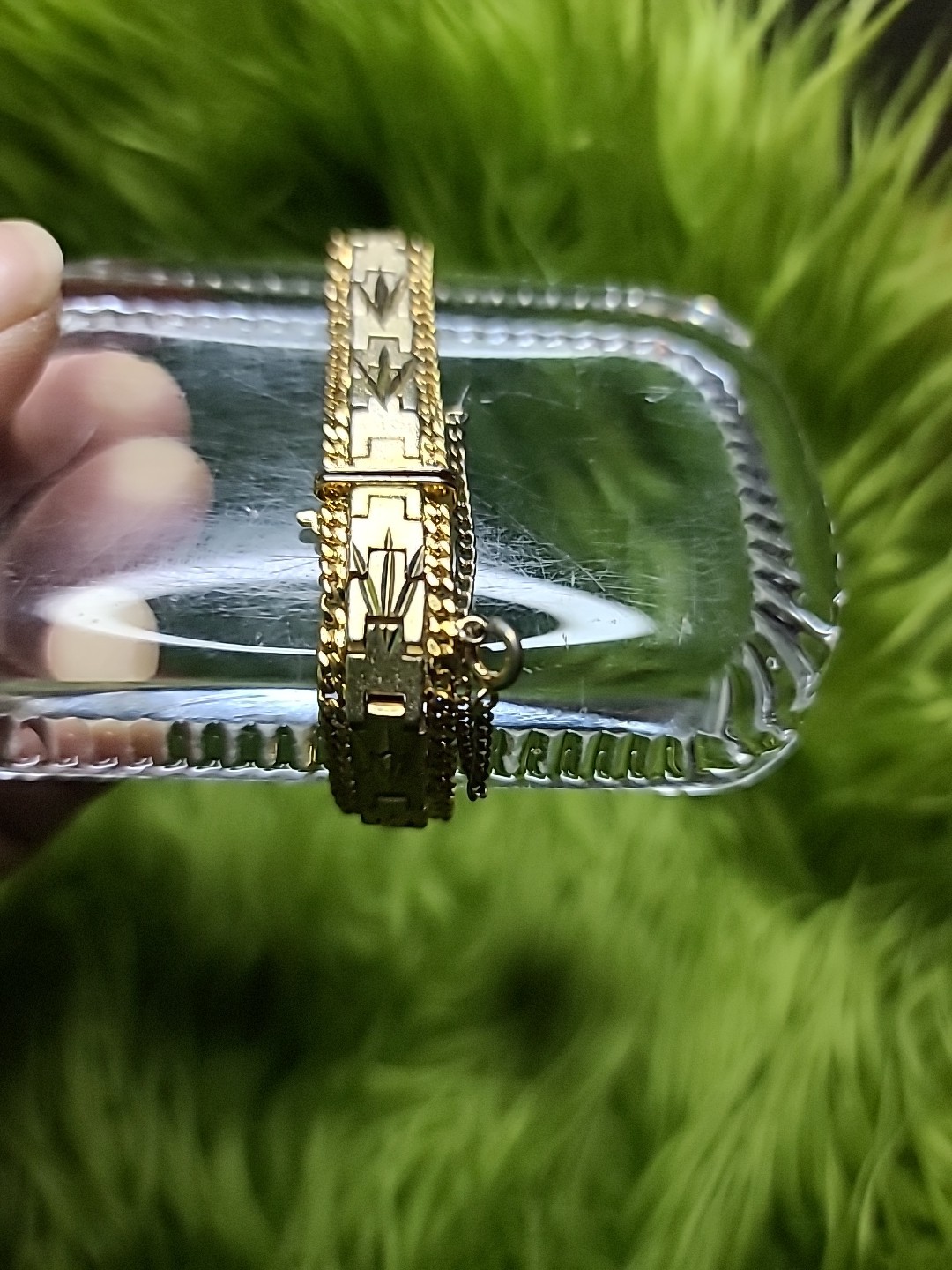 Vintage Bracelet Heavy Gold Plated Textured Diamond Cut Design with Safety Chain