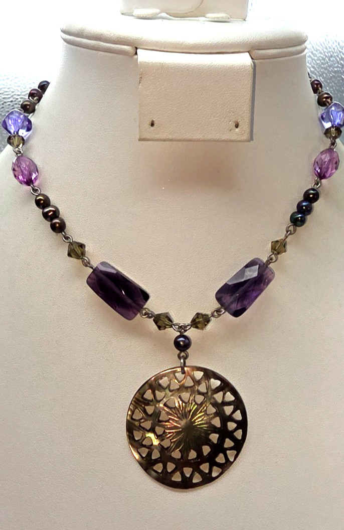 Signed Lia Sophia MOP Peacock Pearl Purple Pink Crystal Acrylic Necklace Vintage
