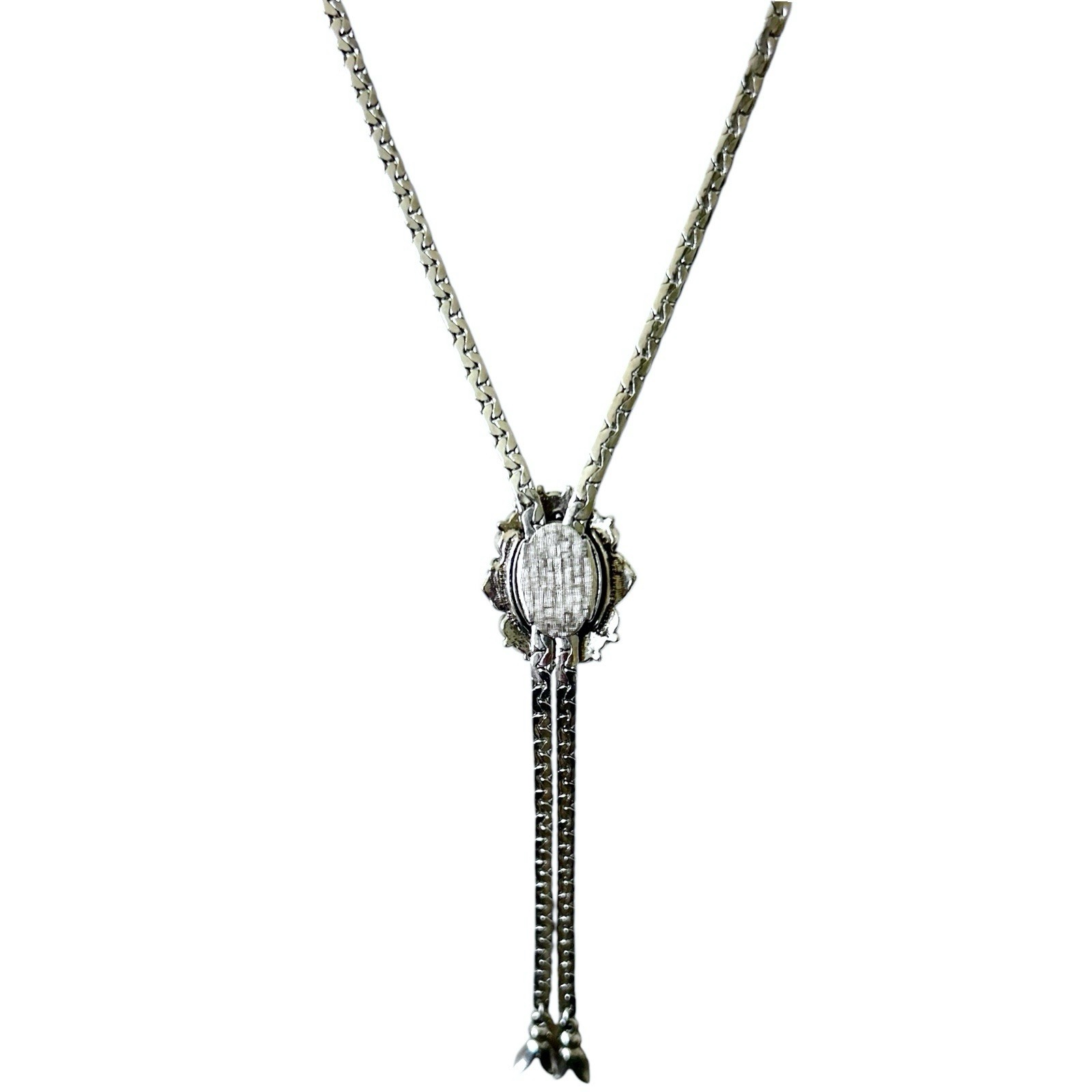 VTG Signed GOLDETTE Bolo Lariat Necklace 30” Silvertone Turquoise Southwestern