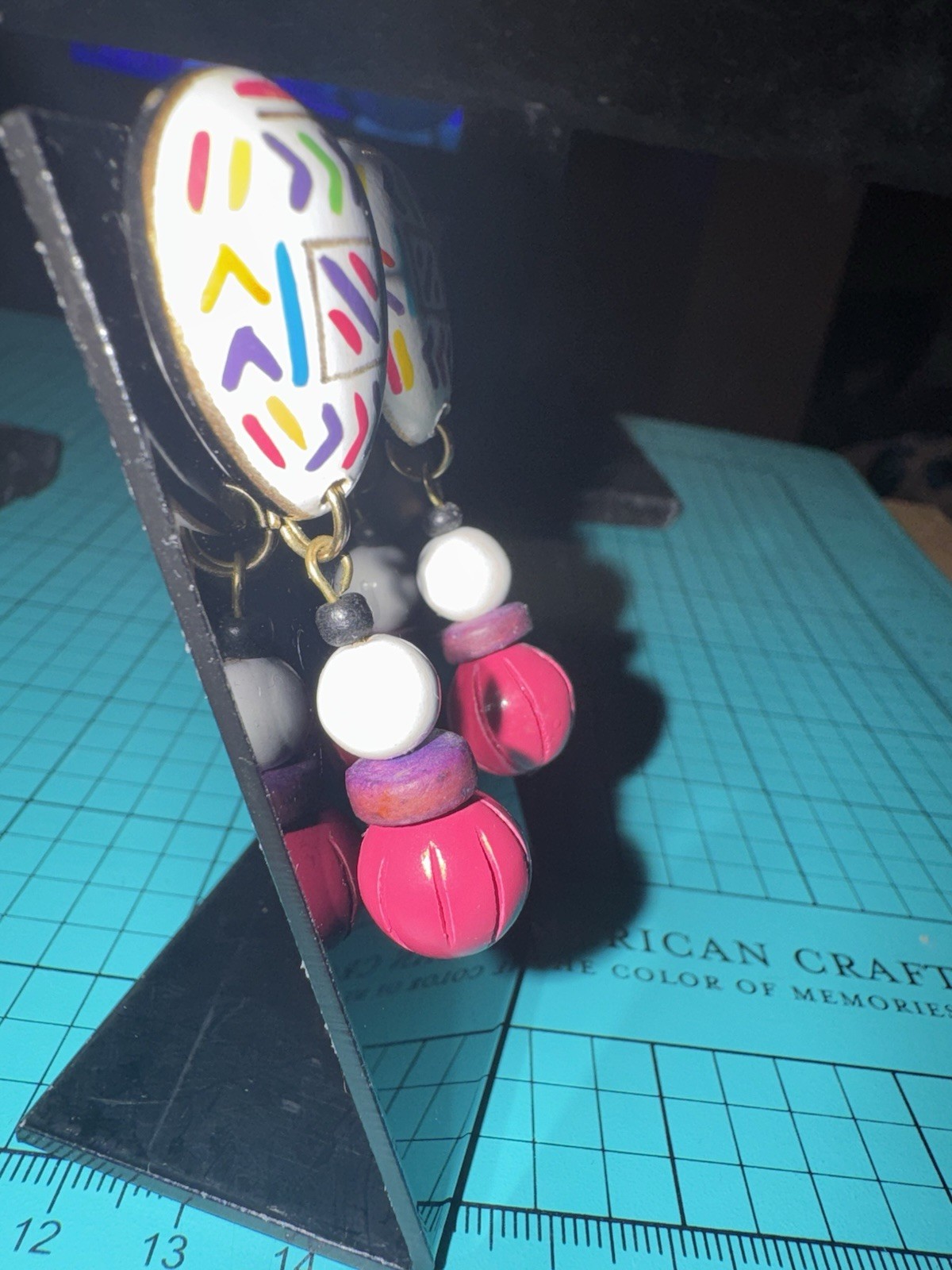 Vintage 90s Hand Painted Colorful Dangle Drop Earrings Pink White Purple Gold