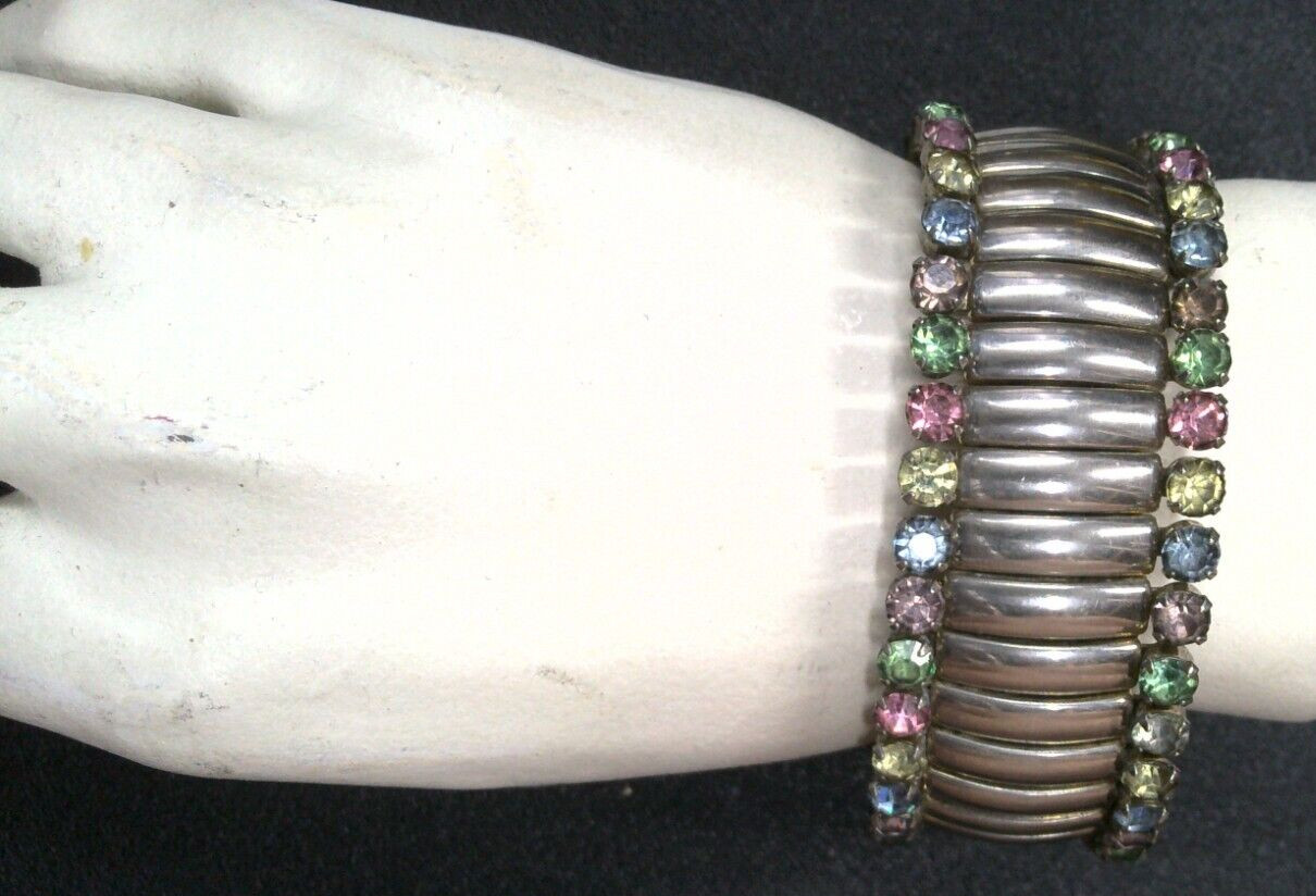 Vintage Expanding Uranium Glass Bracelet Rainbow Pride Rhinestone Pastels Glows