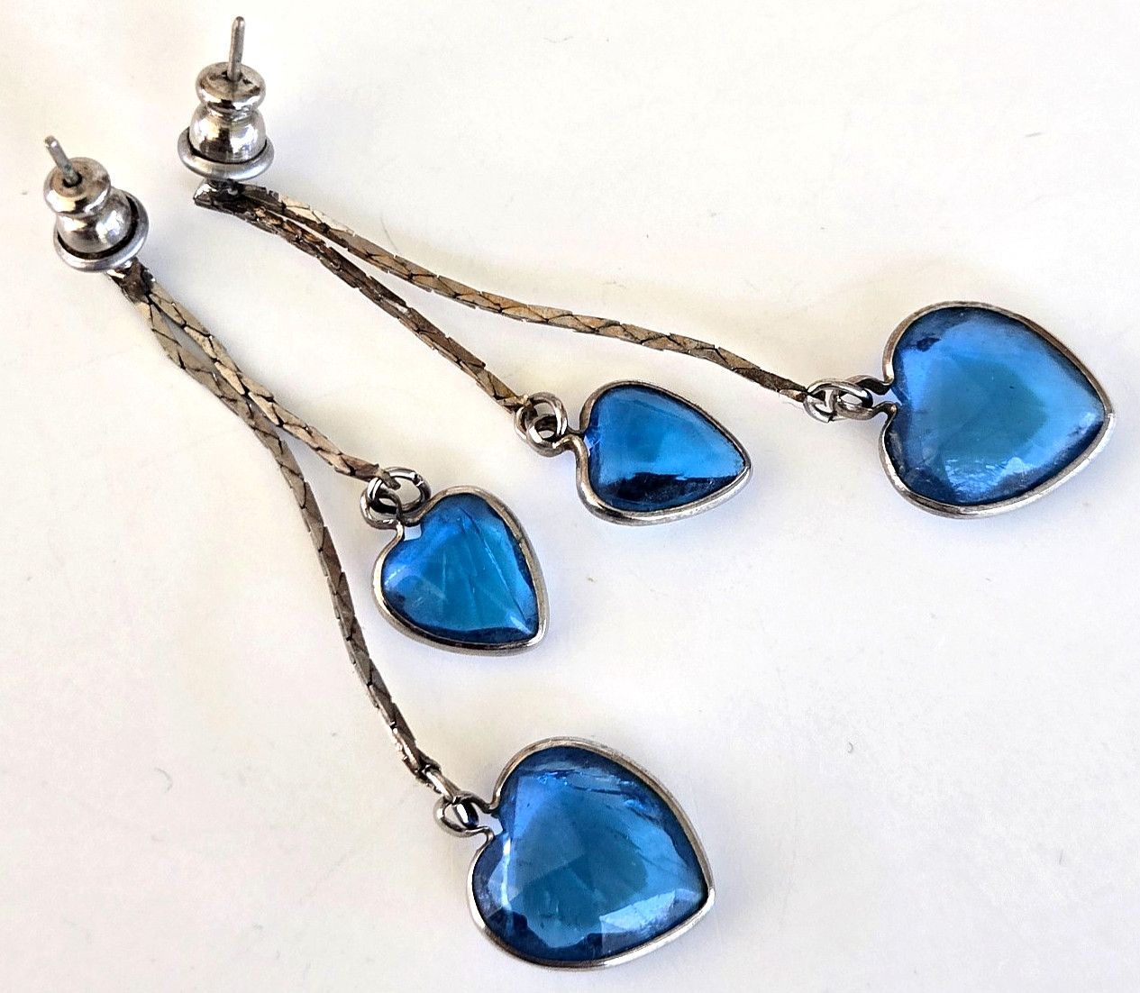 Vintage Blue Acrylic Crystal Heart Open Bezel Silver Tone Pierced Earrings 2″