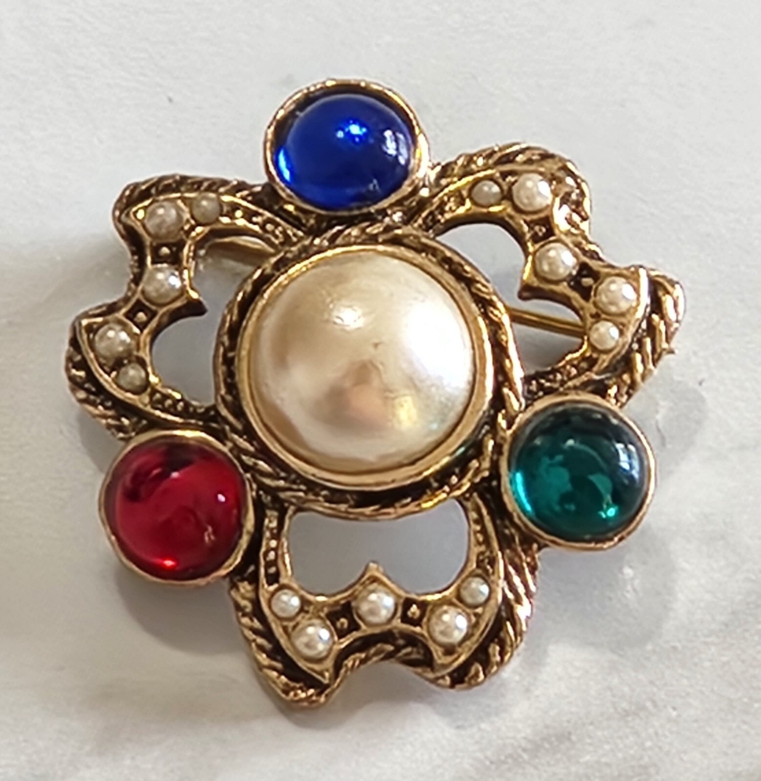 Vintage Faux Cabochon Pearl, Emerald, Ruby, & Sapphire Gold Tone Brooch