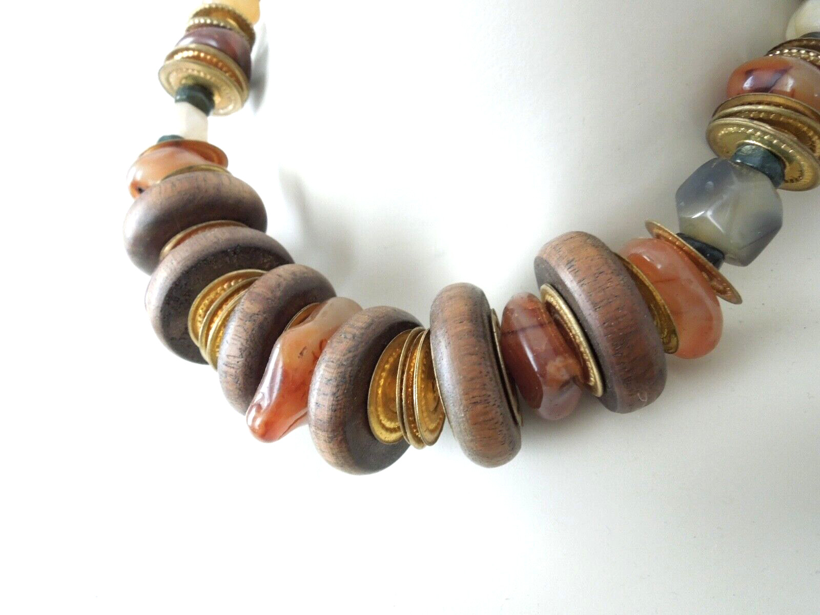 Necklace Collar Wood Metal Plate Agate Solid 168.4 G/46 Cm