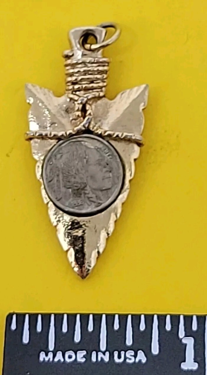 Vintage Miniature 1938 Buffalo Nickel Arrowhead Pendant Gold Tone Metal