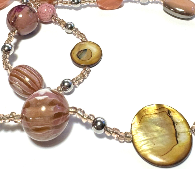 Vintage Jewelry Necklace Long Chunky MOP Shell Beaded Pink Agate Acrylic 12