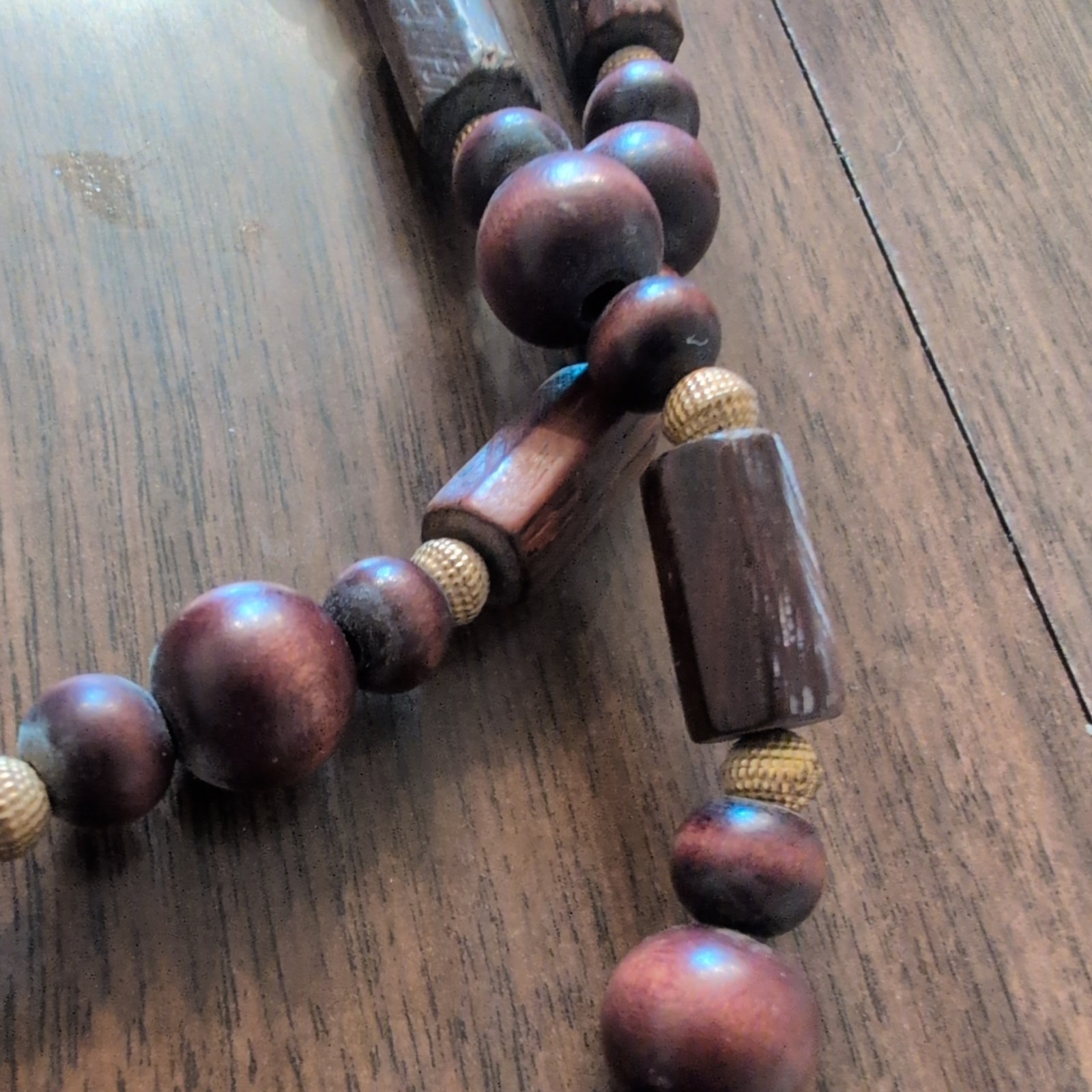 Vintage Art Deco necklace with brown and gold wooden beads boho cottage core MCM