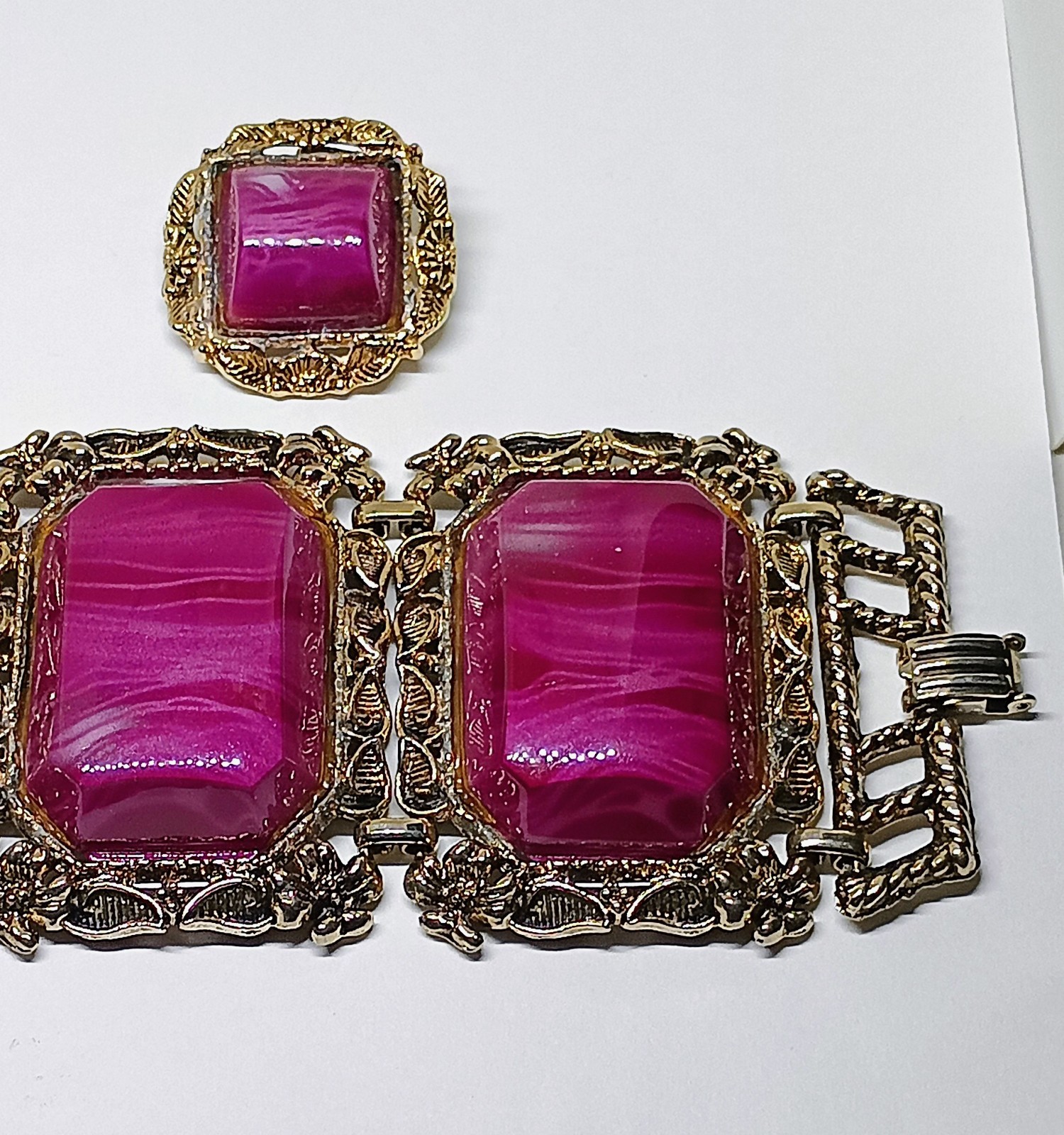 Vintage Purple Thermoset Lucite Chunky Wide Link Bangle Bracelet Earring Set