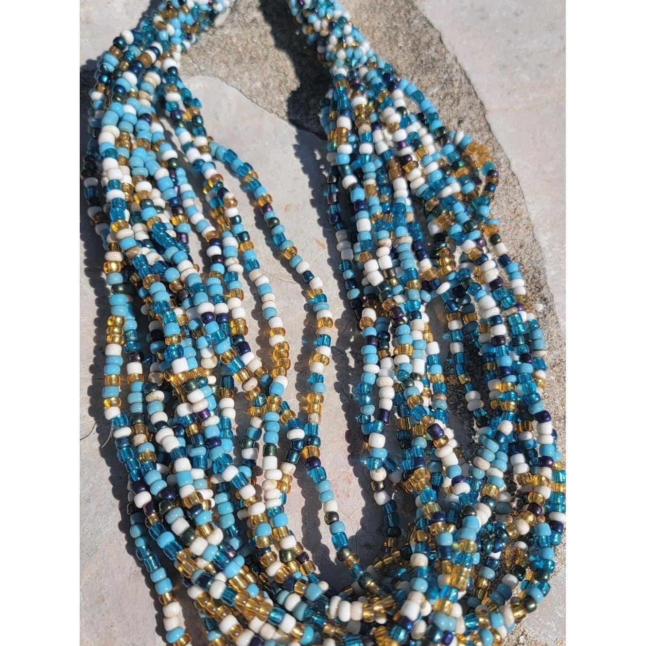 Vintage Blue White Gold Multi Strand Seed Bead Necklace Boho Statement Unsigned