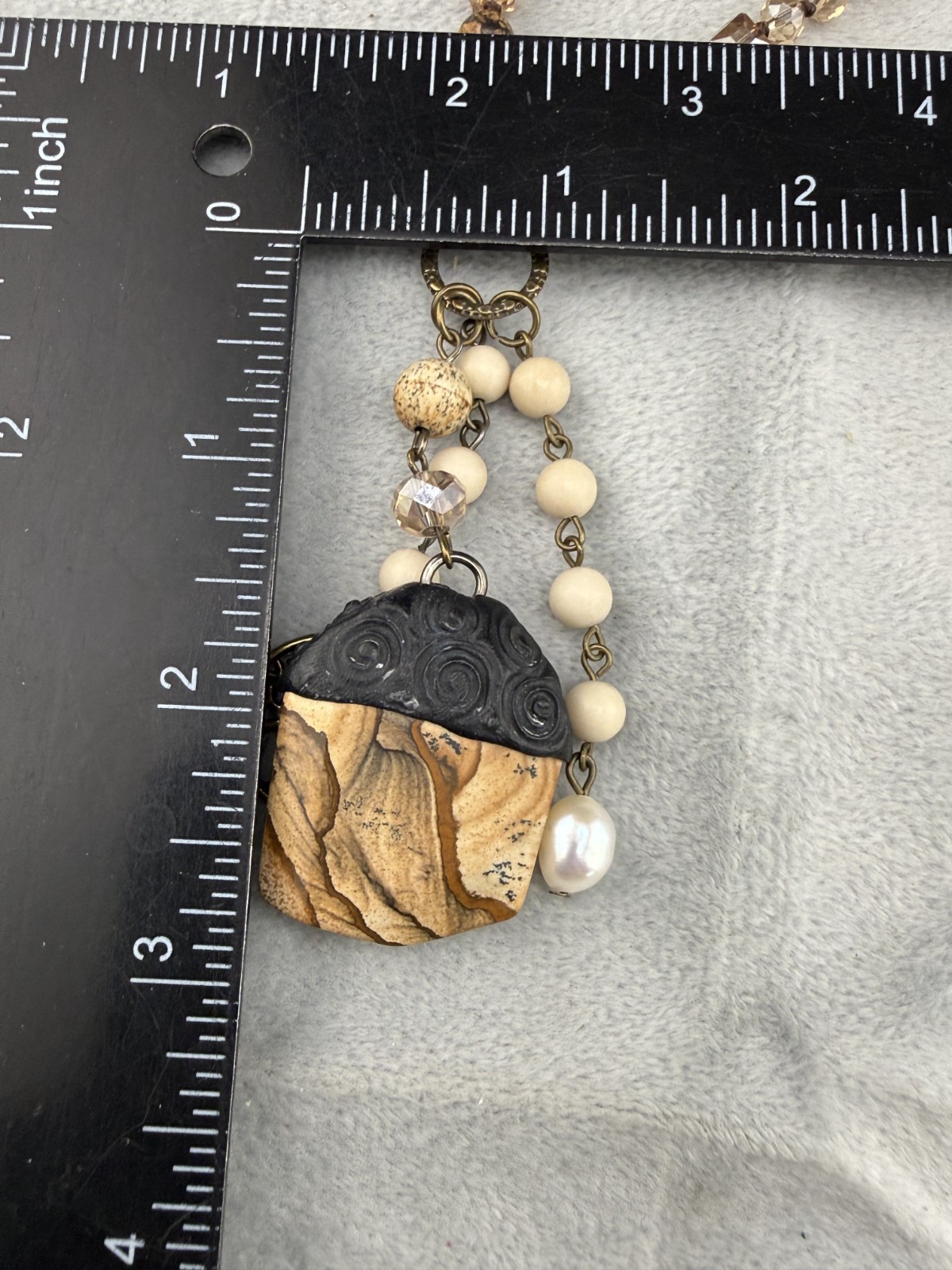 Bohemian Necklace Brown White Beads Carved Pendant Gold Tone 32″