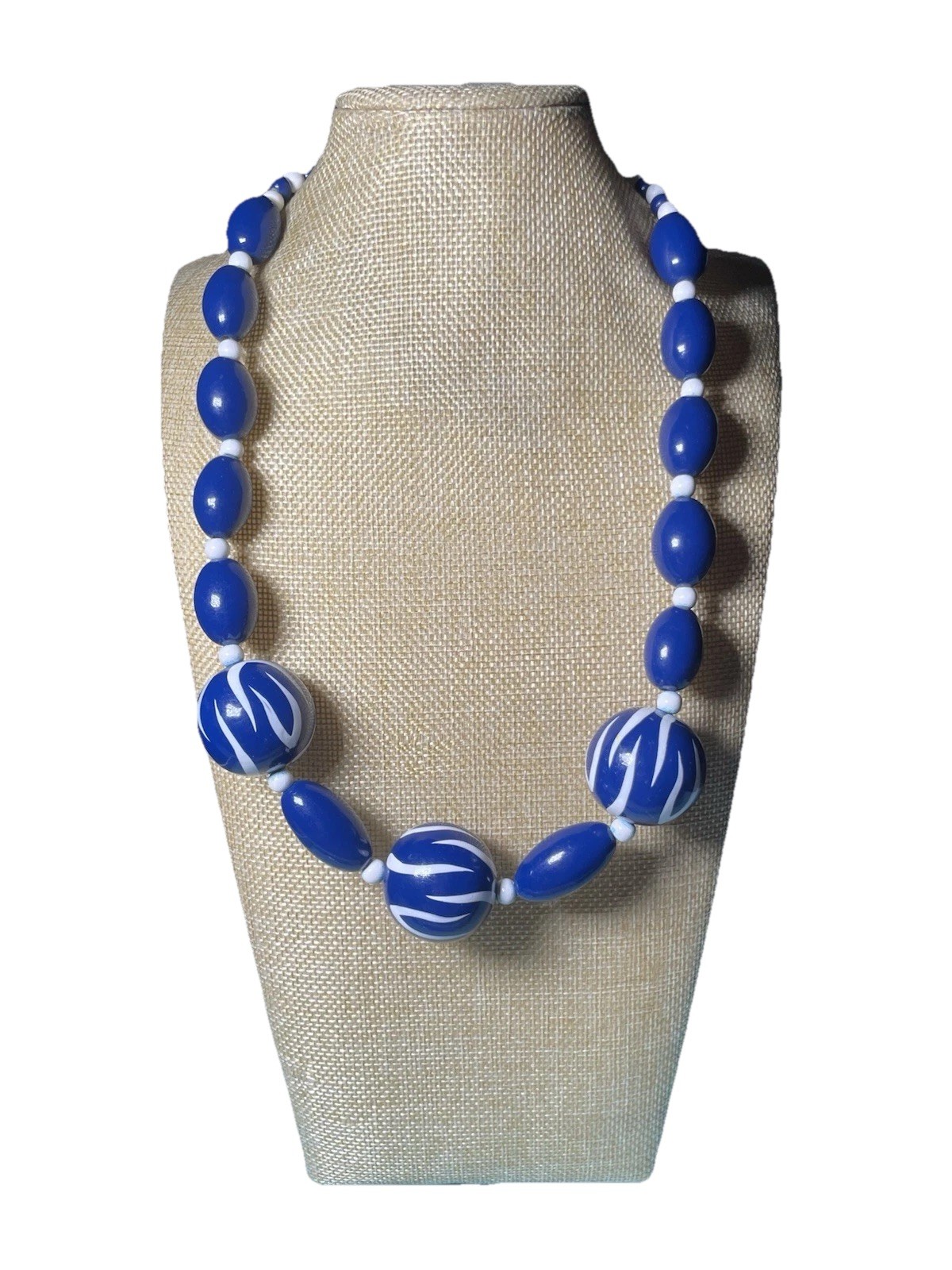 Vintage Blue White Lucite Bead Necklace Zebra Stripe Mod Statement Retro