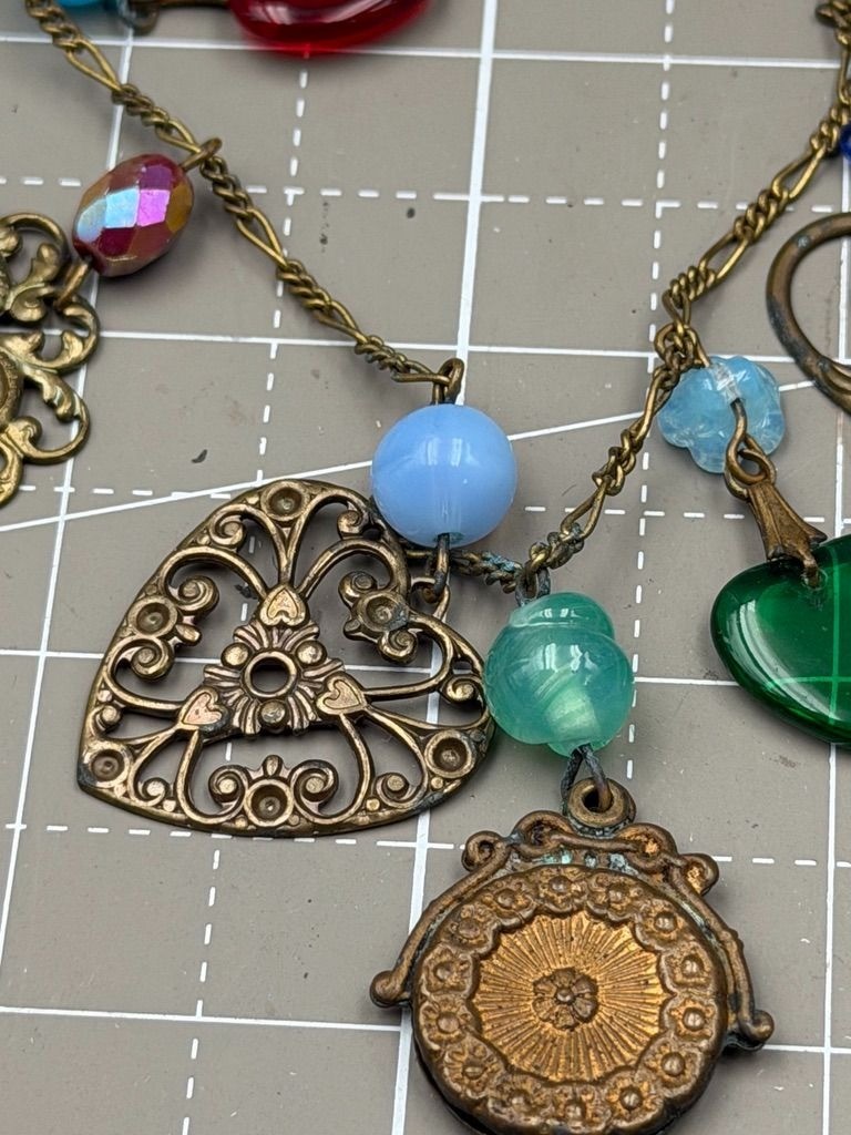 Vintage Glass Works Studio Charm Necklace Brass Glass Hearts Eagle Moon Stars
