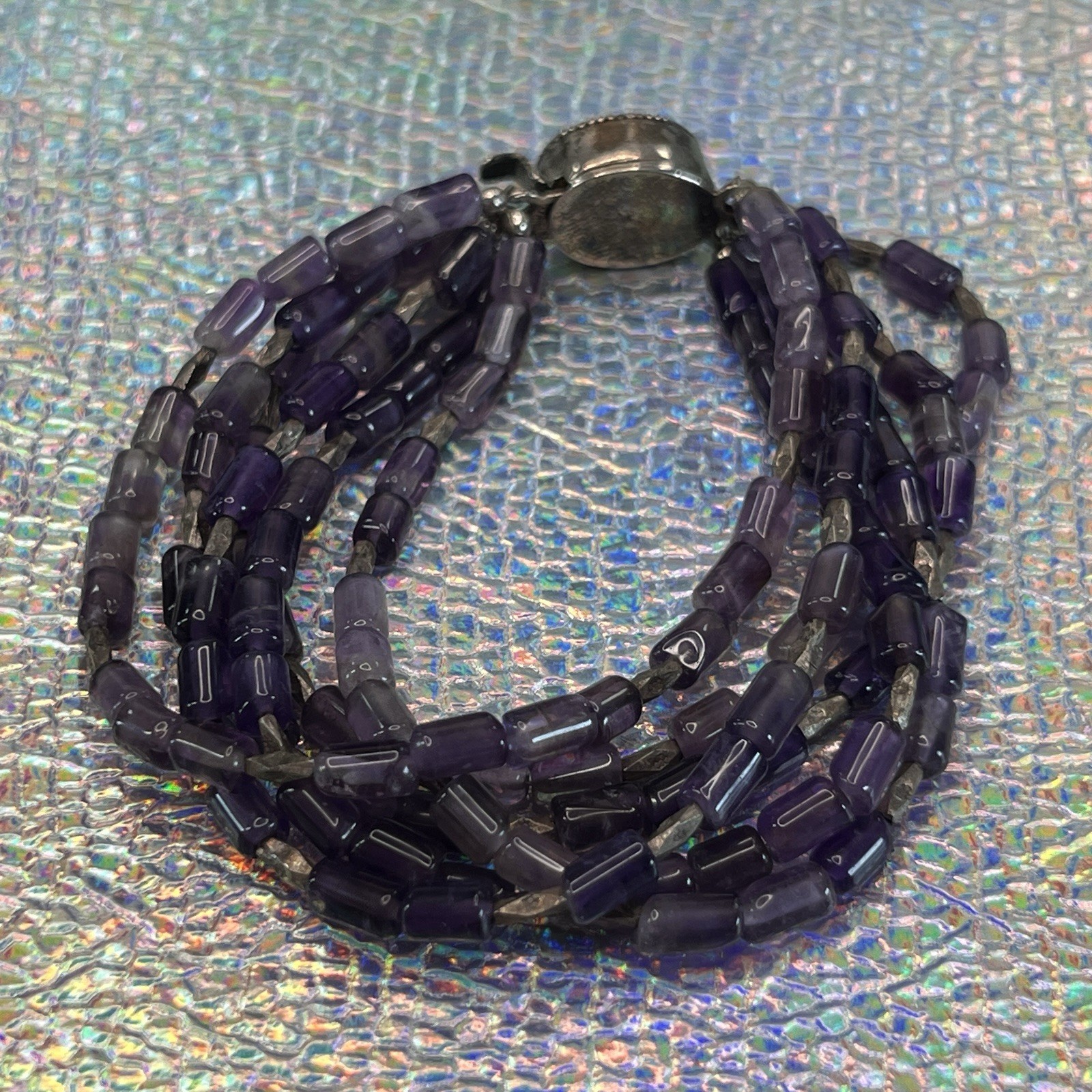 Vintage Multi Strand Amethyst Bead Sterling Box Clasp Bracelet 6.5″