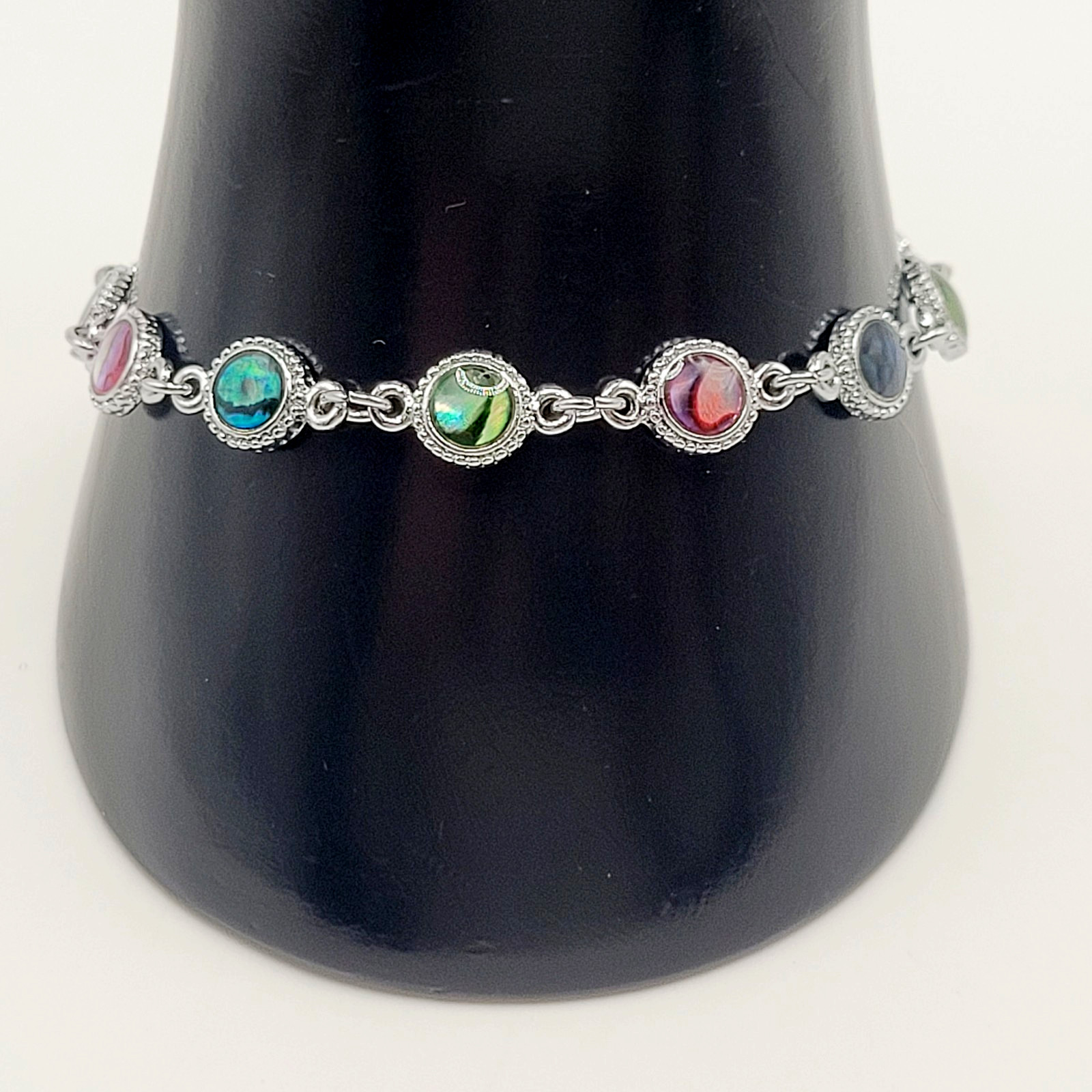 Signed SJ Colorful Paua Abalone Shell Silver Tone Link Vintage Bracelet 7.25 in