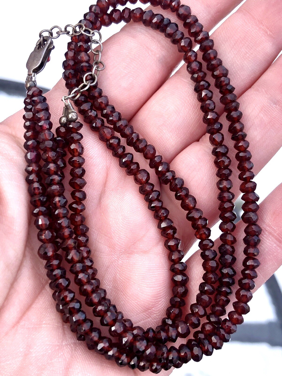 Vintage Red Garnet Chunk Sterling Silver 925 Double Strand Glass Bead Necklace