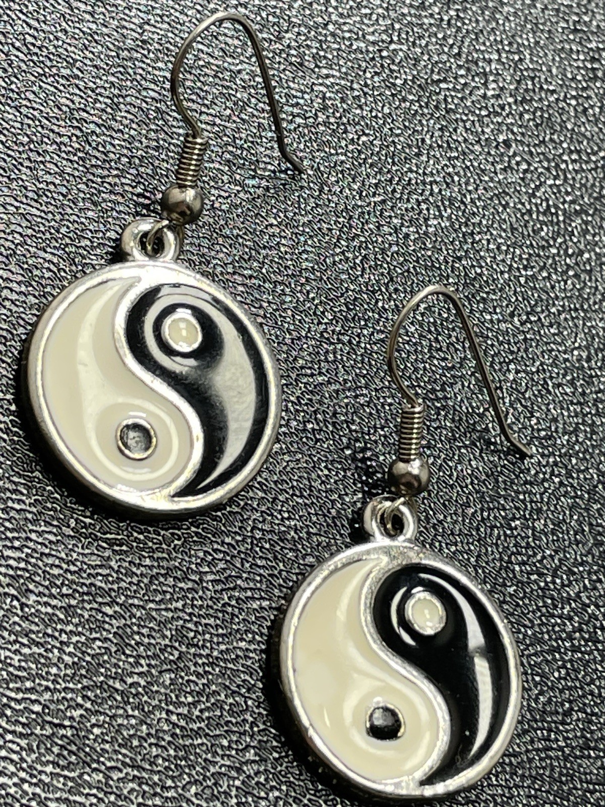 Vintage Yin Yang Silver Tone Dangle Hook Earrings