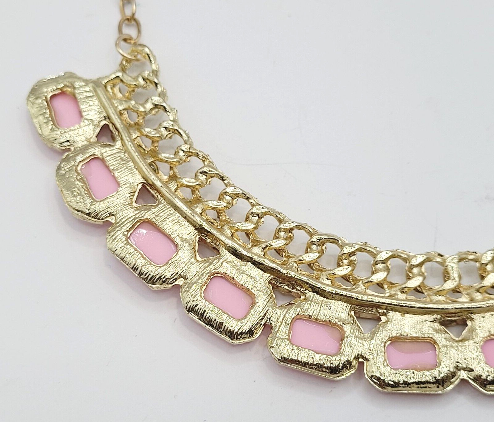 Fancy Rhinestone & Pink Acrylic with Milkglass Style Vintage Gold Tone Necklace