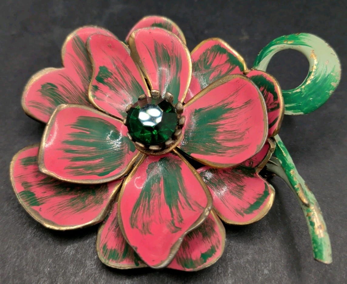 Vintage Artisan Gorgeous Pink And Green Pot Metal And Enamel Flower Brooch 3X3″