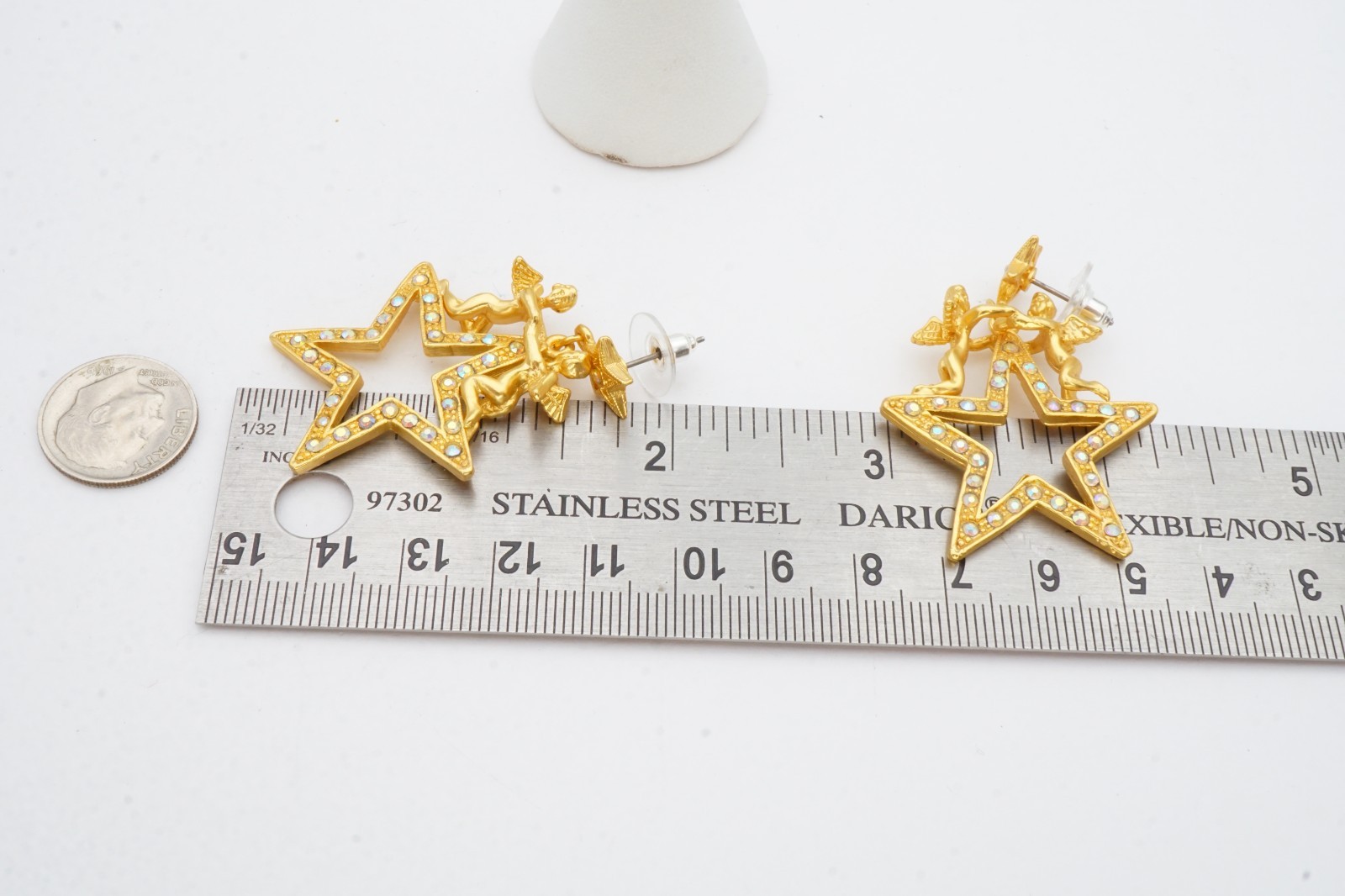 Vintage Earrings Gold Tone Rhinestone Angels Stars