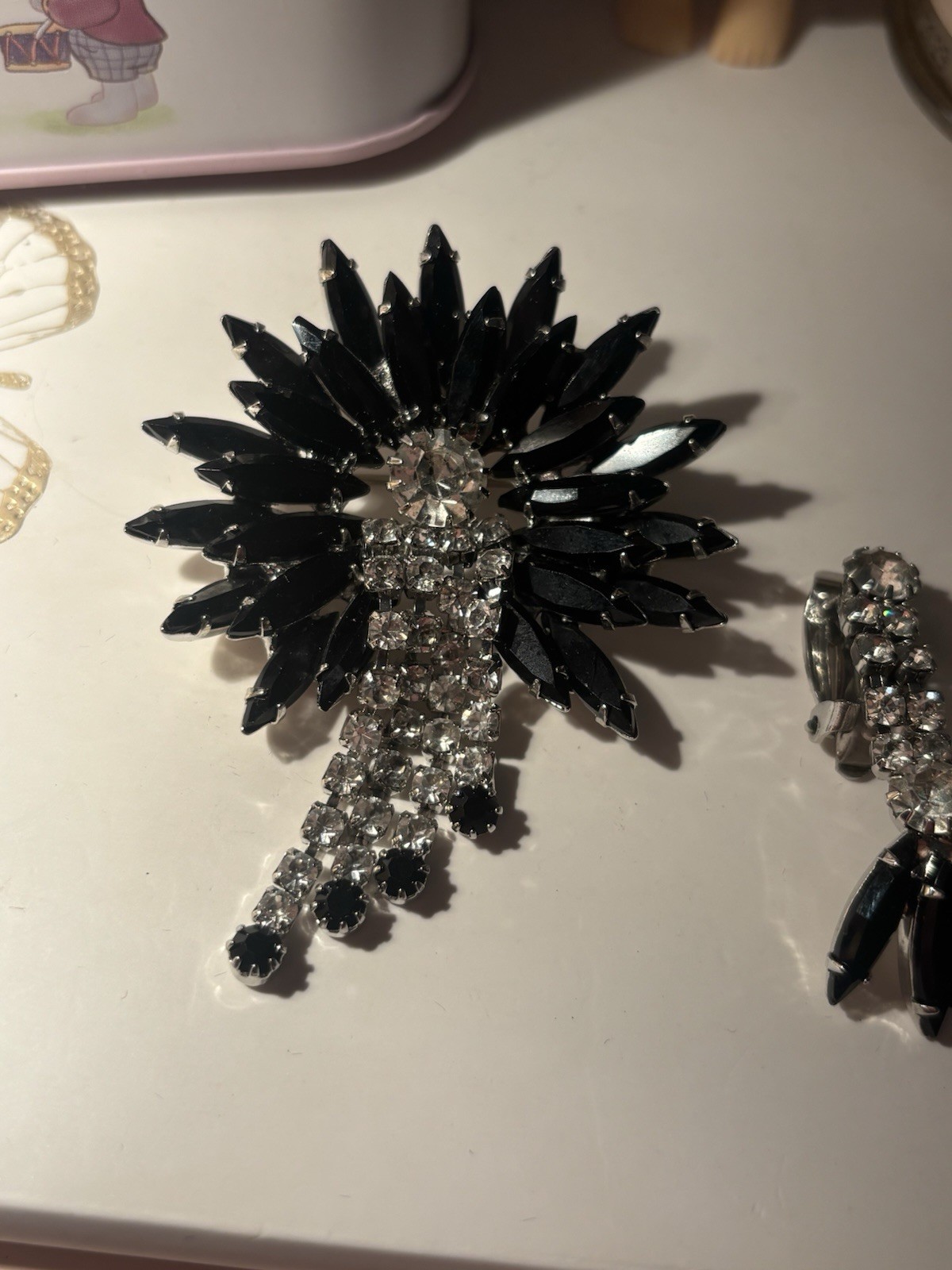 Vintage Black & Clear Marquise Rhinestone Brooch & Clip-On Earrings Set