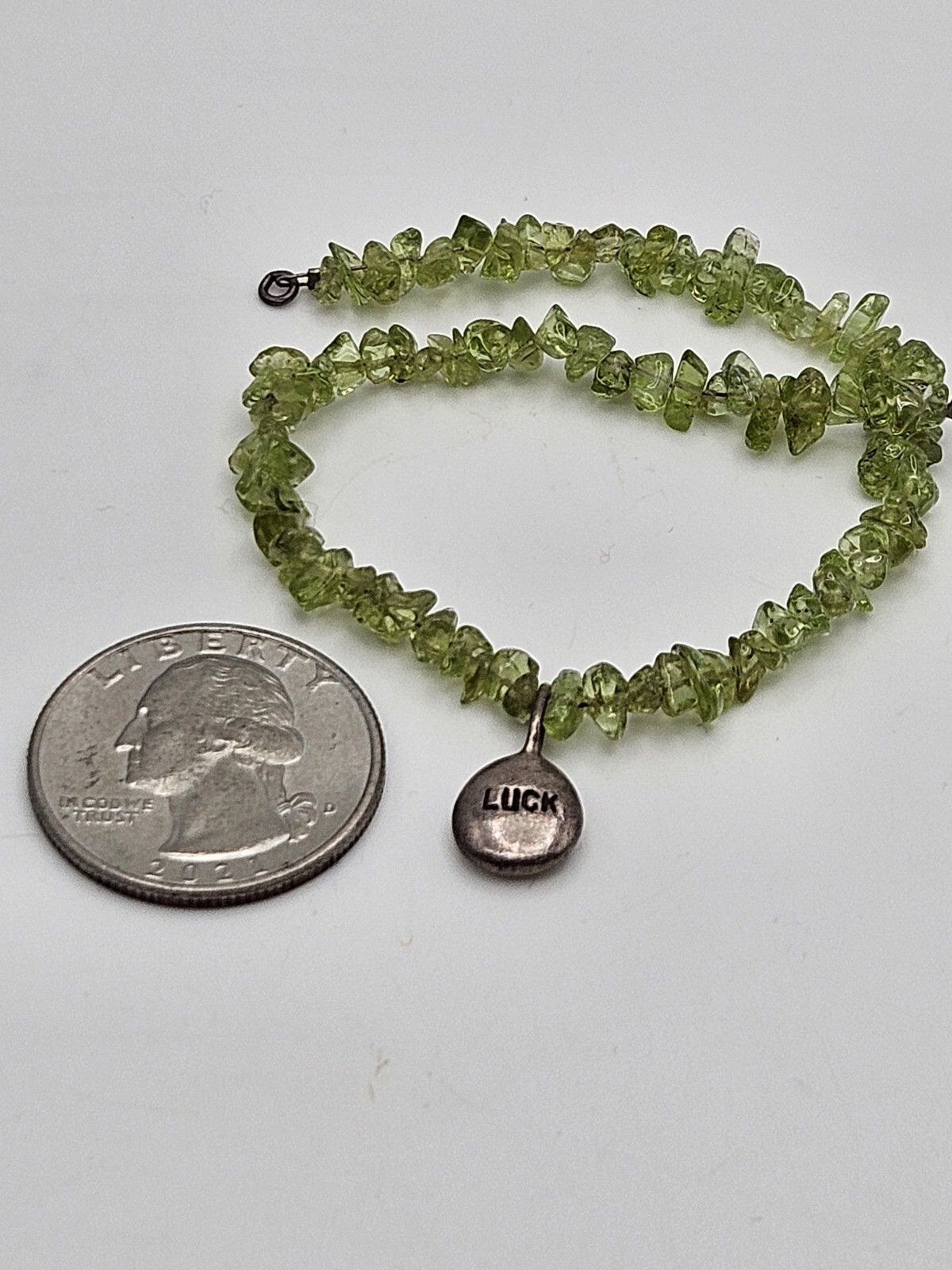 Vintage Sterling Silver Luck Small Charm Peridot Chip Bead Bracelet
