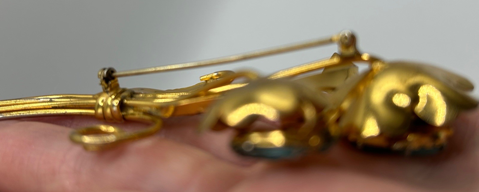 Huge Vintage Gold Tone Coro Brooch Aqua Blue Marked Sterling 1940’s