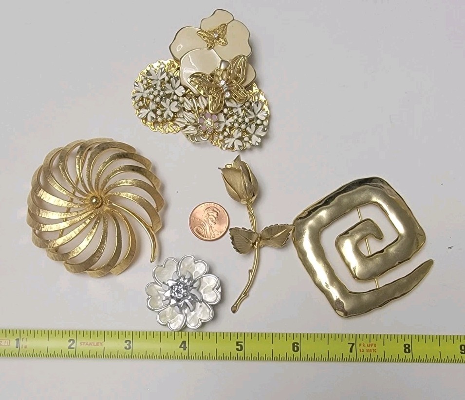 Lot of 5 Vintage Designer Costume Jewelry Brooches & Scarf Clip Signed